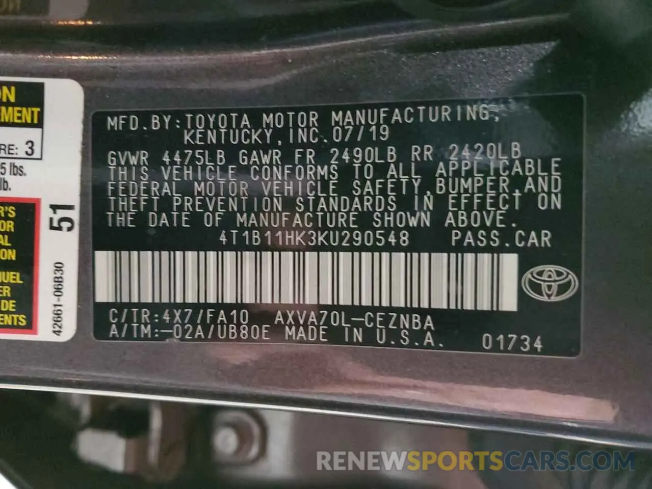 12 Photograph of a damaged car 4T1B11HK3KU290548 TOYOTA CAMRY 2019