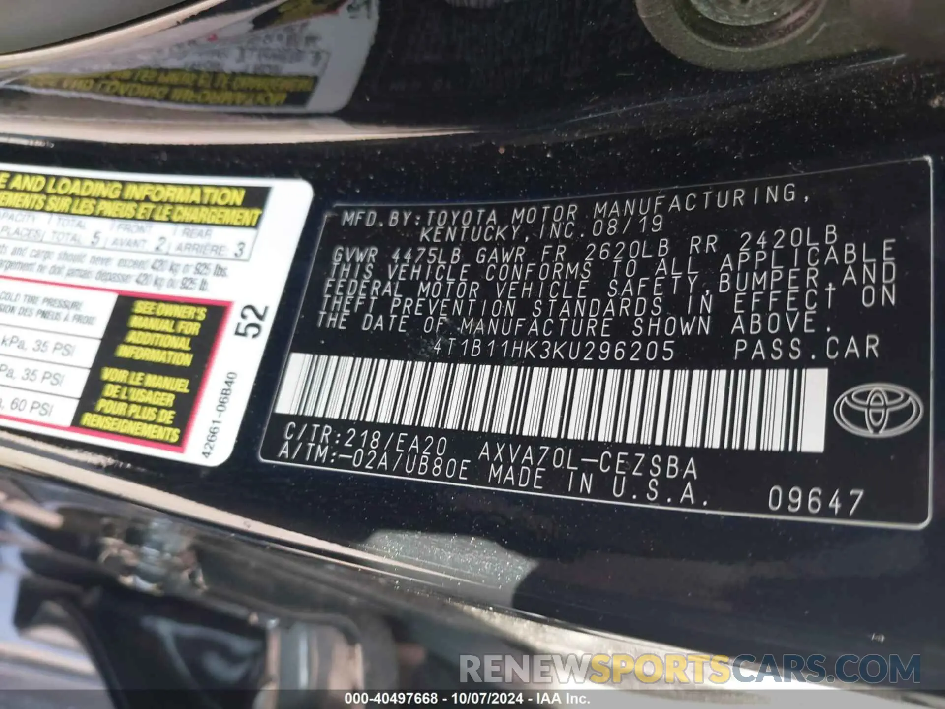 8 Photograph of a damaged car 4T1B11HK3KU296205 TOYOTA CAMRY 2019