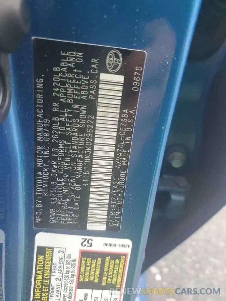 12 Photograph of a damaged car 4T1B11HK3KU296222 TOYOTA CAMRY 2019