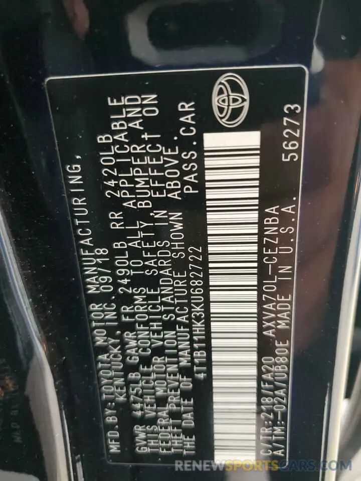 13 Photograph of a damaged car 4T1B11HK3KU682722 TOYOTA CAMRY 2019