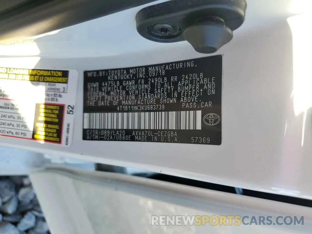 12 Photograph of a damaged car 4T1B11HK3KU683739 TOYOTA CAMRY 2019