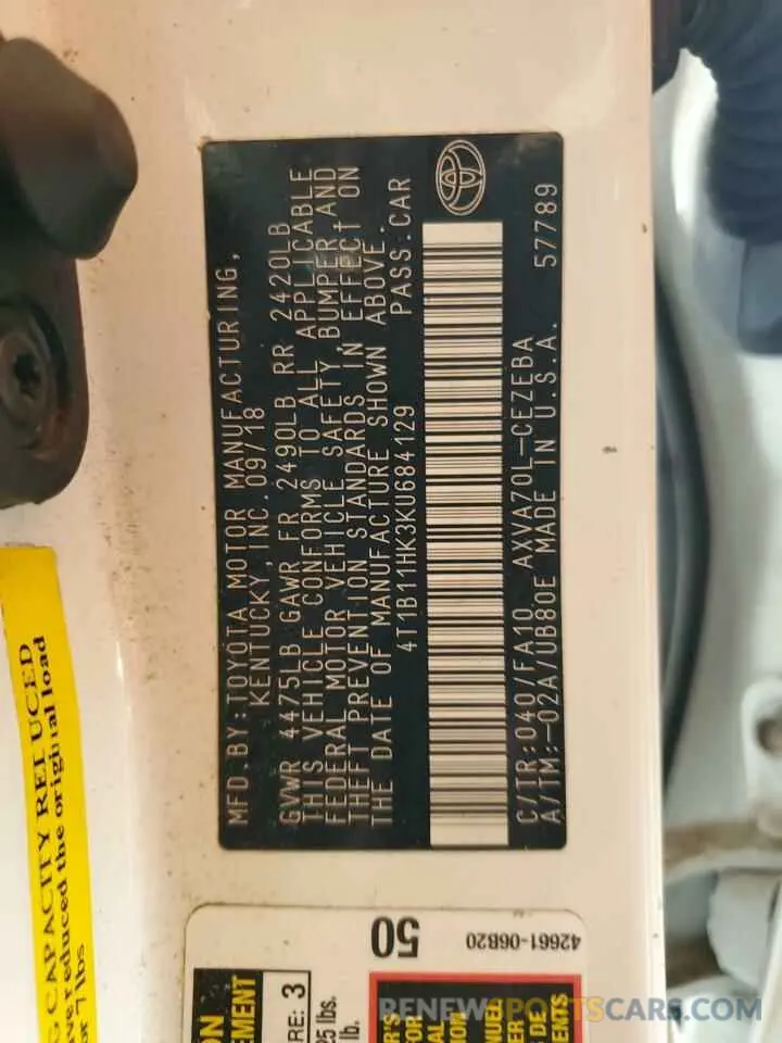 13 Photograph of a damaged car 4T1B11HK3KU684129 TOYOTA CAMRY 2019