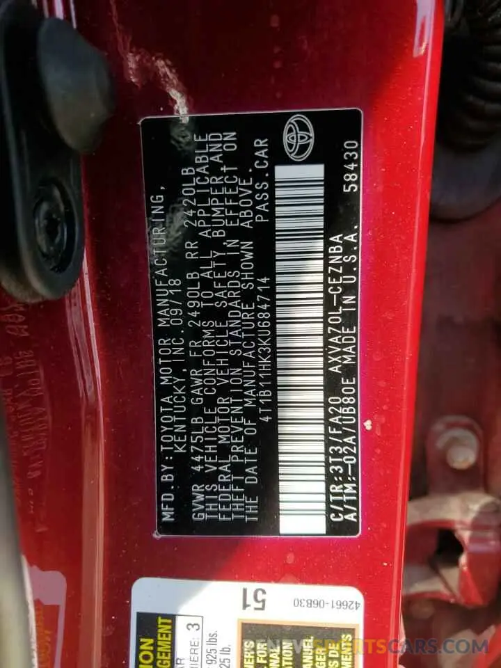 12 Photograph of a damaged car 4T1B11HK3KU684714 TOYOTA CAMRY 2019