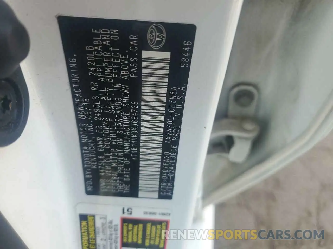 13 Photograph of a damaged car 4T1B11HK3KU684728 TOYOTA CAMRY 2019