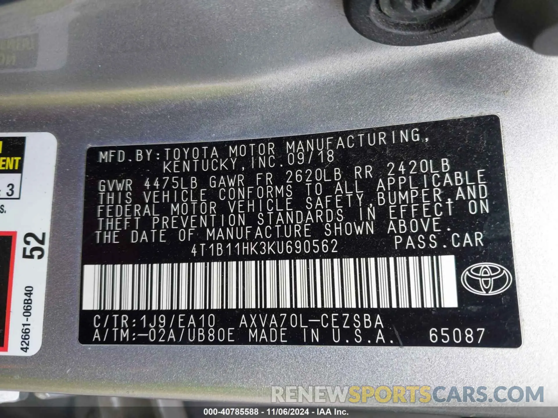 9 Photograph of a damaged car 4T1B11HK3KU690562 TOYOTA CAMRY 2019