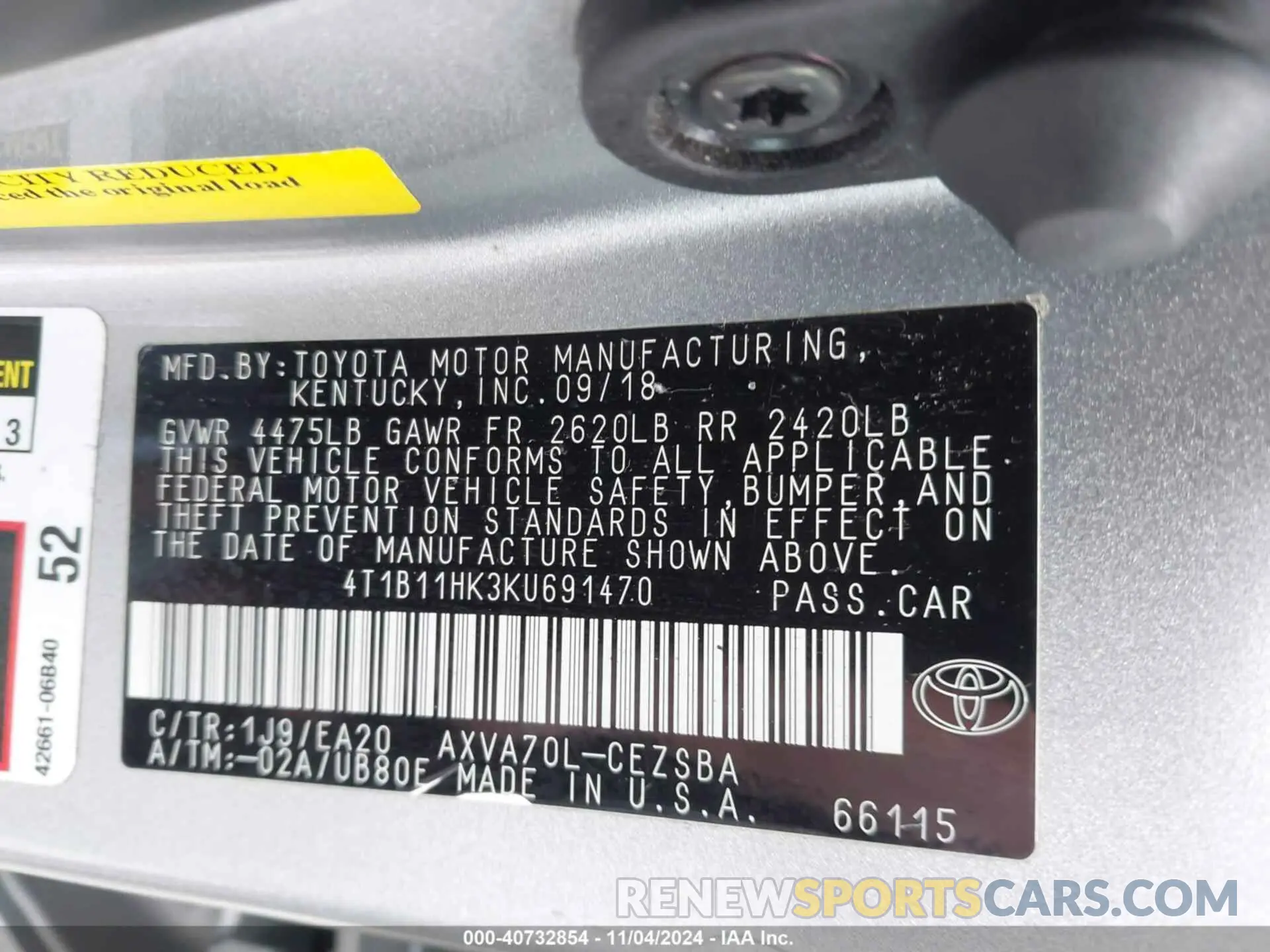 9 Photograph of a damaged car 4T1B11HK3KU691470 TOYOTA CAMRY 2019