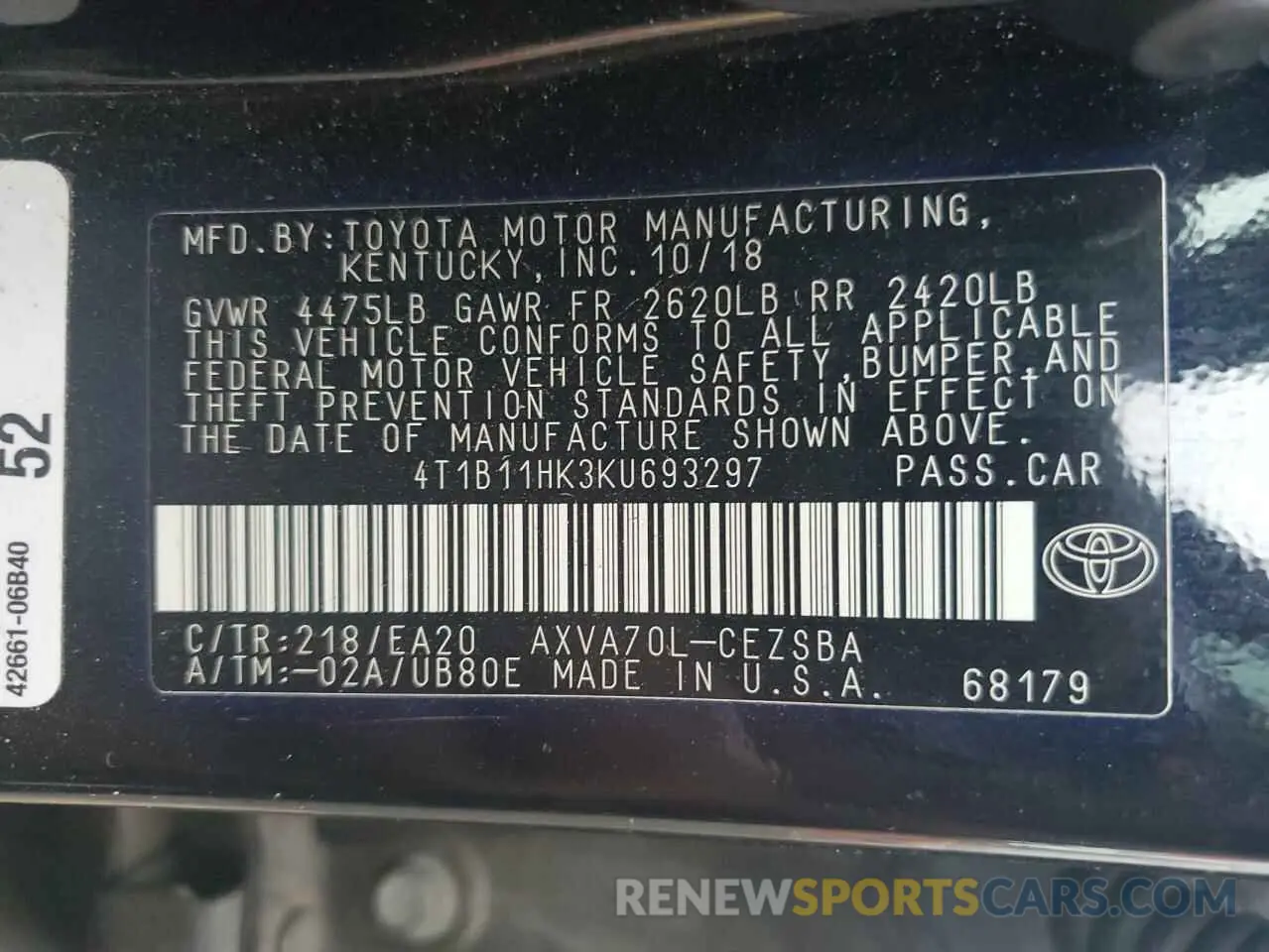 12 Photograph of a damaged car 4T1B11HK3KU693297 TOYOTA CAMRY 2019