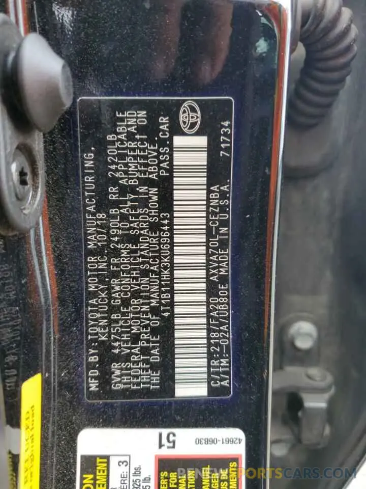 12 Photograph of a damaged car 4T1B11HK3KU696443 TOYOTA CAMRY 2019