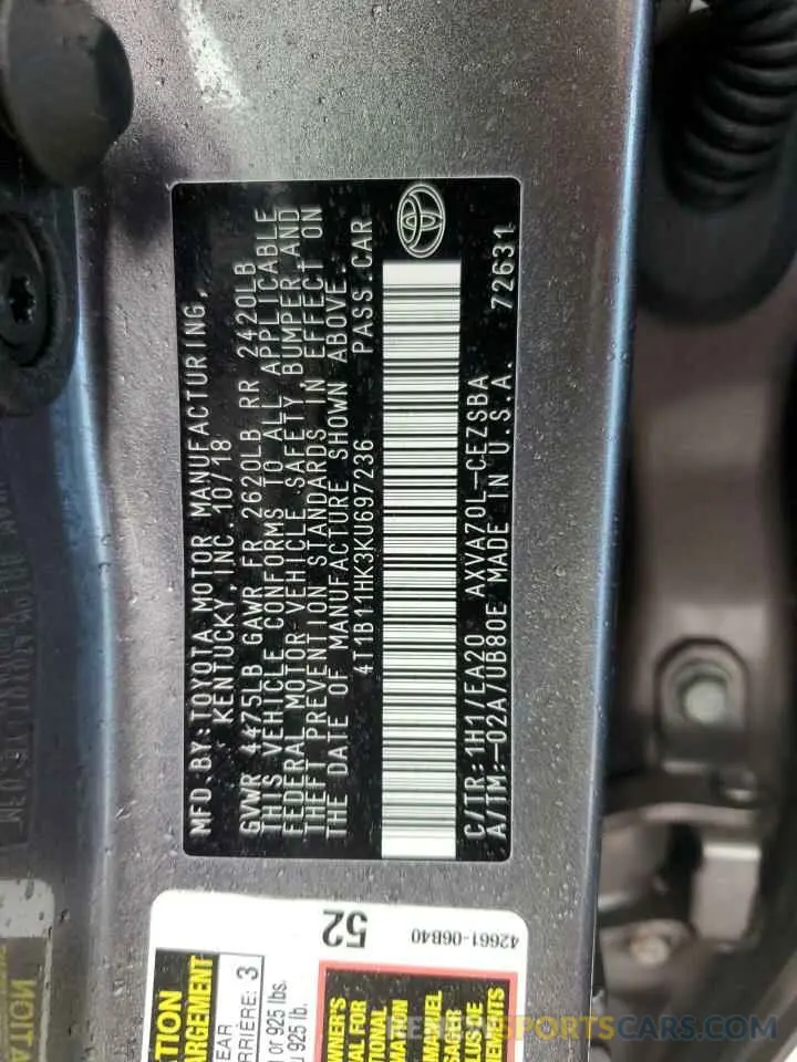 13 Photograph of a damaged car 4T1B11HK3KU697236 TOYOTA CAMRY 2019