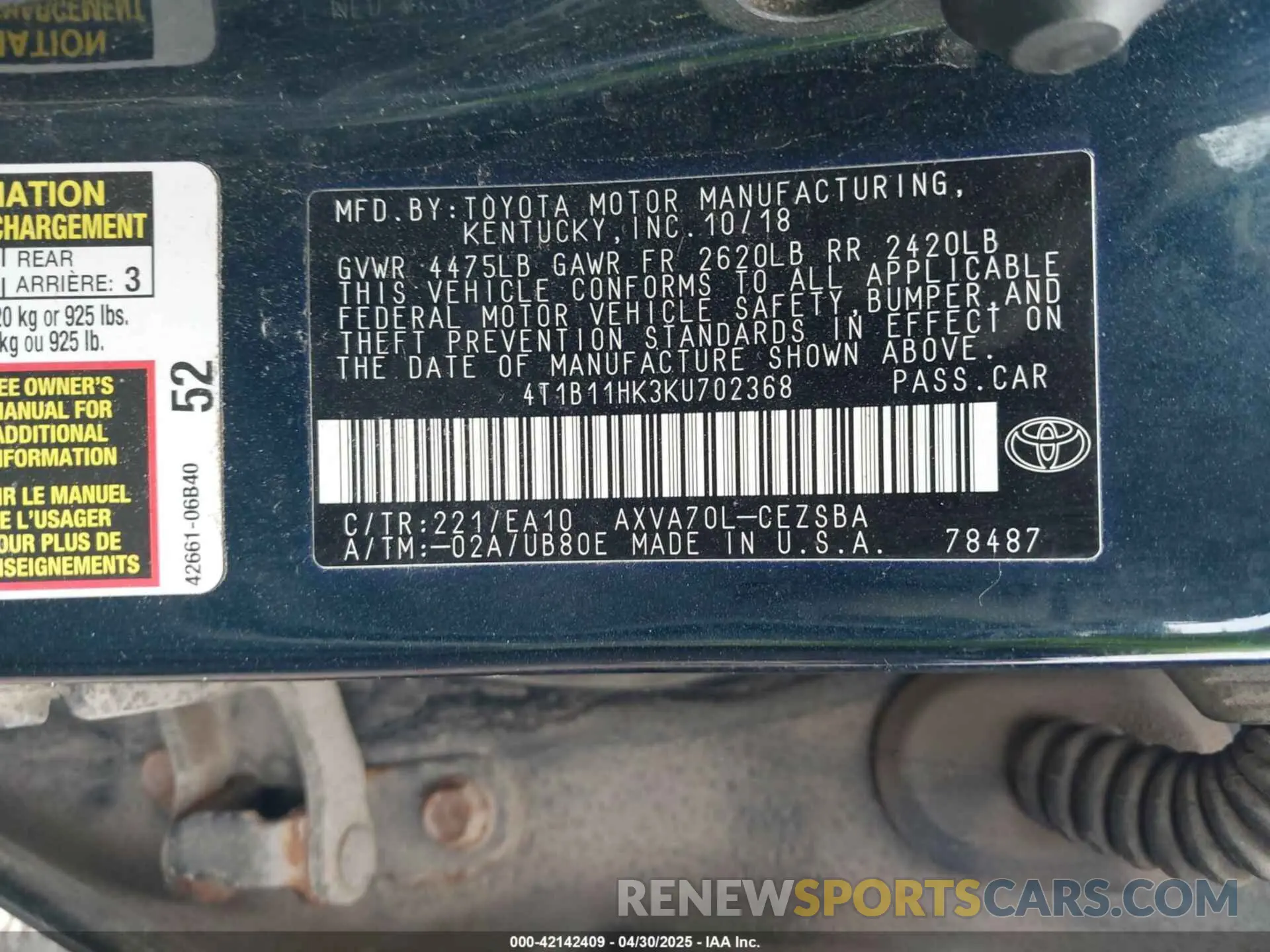 9 Photograph of a damaged car 4T1B11HK3KU702368 TOYOTA CAMRY 2019