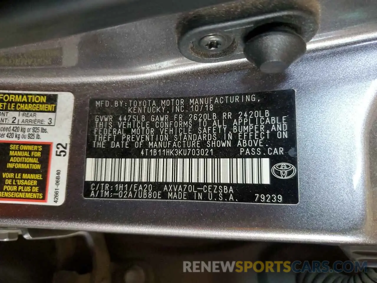 12 Photograph of a damaged car 4T1B11HK3KU703021 TOYOTA CAMRY 2019