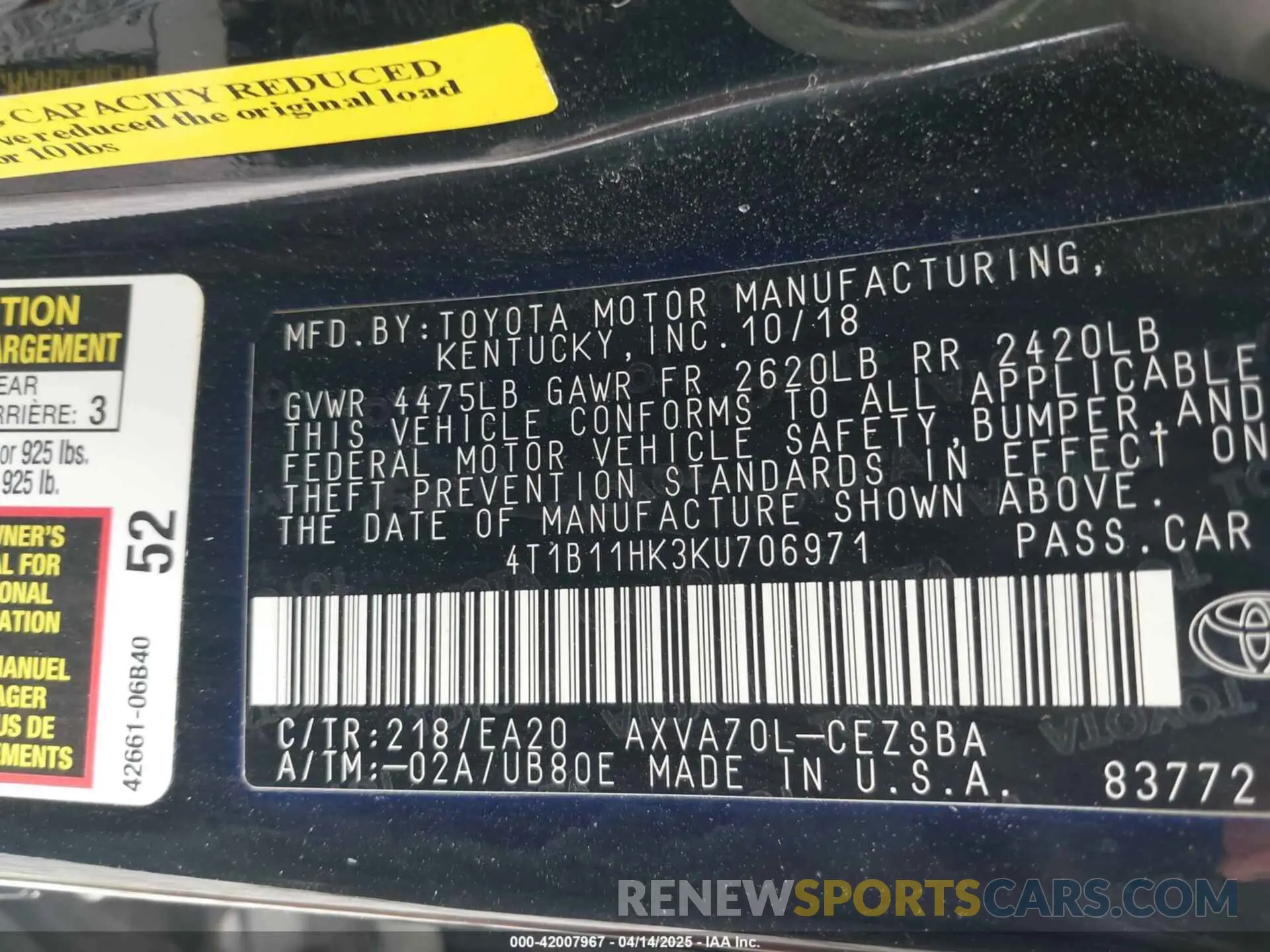 9 Photograph of a damaged car 4T1B11HK3KU706971 TOYOTA CAMRY 2019
