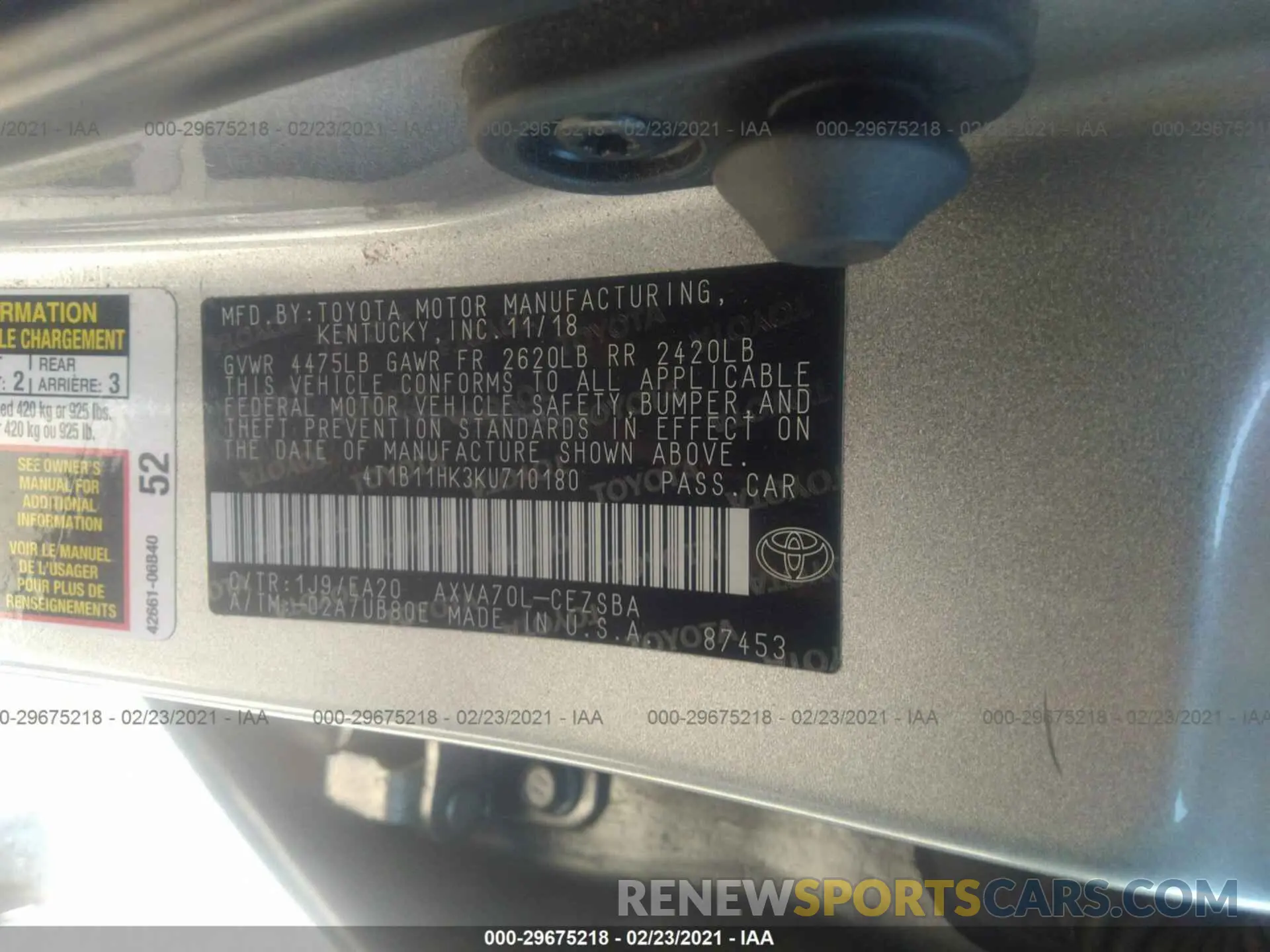 9 Photograph of a damaged car 4T1B11HK3KU710180 TOYOTA CAMRY 2019