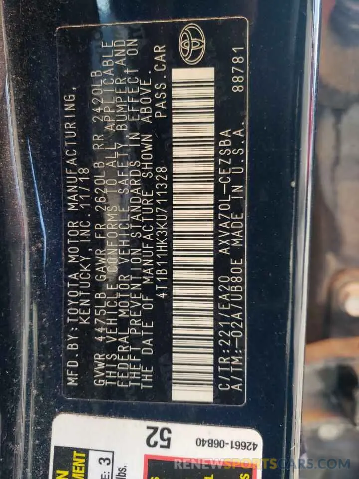 12 Photograph of a damaged car 4T1B11HK3KU711328 TOYOTA CAMRY 2019