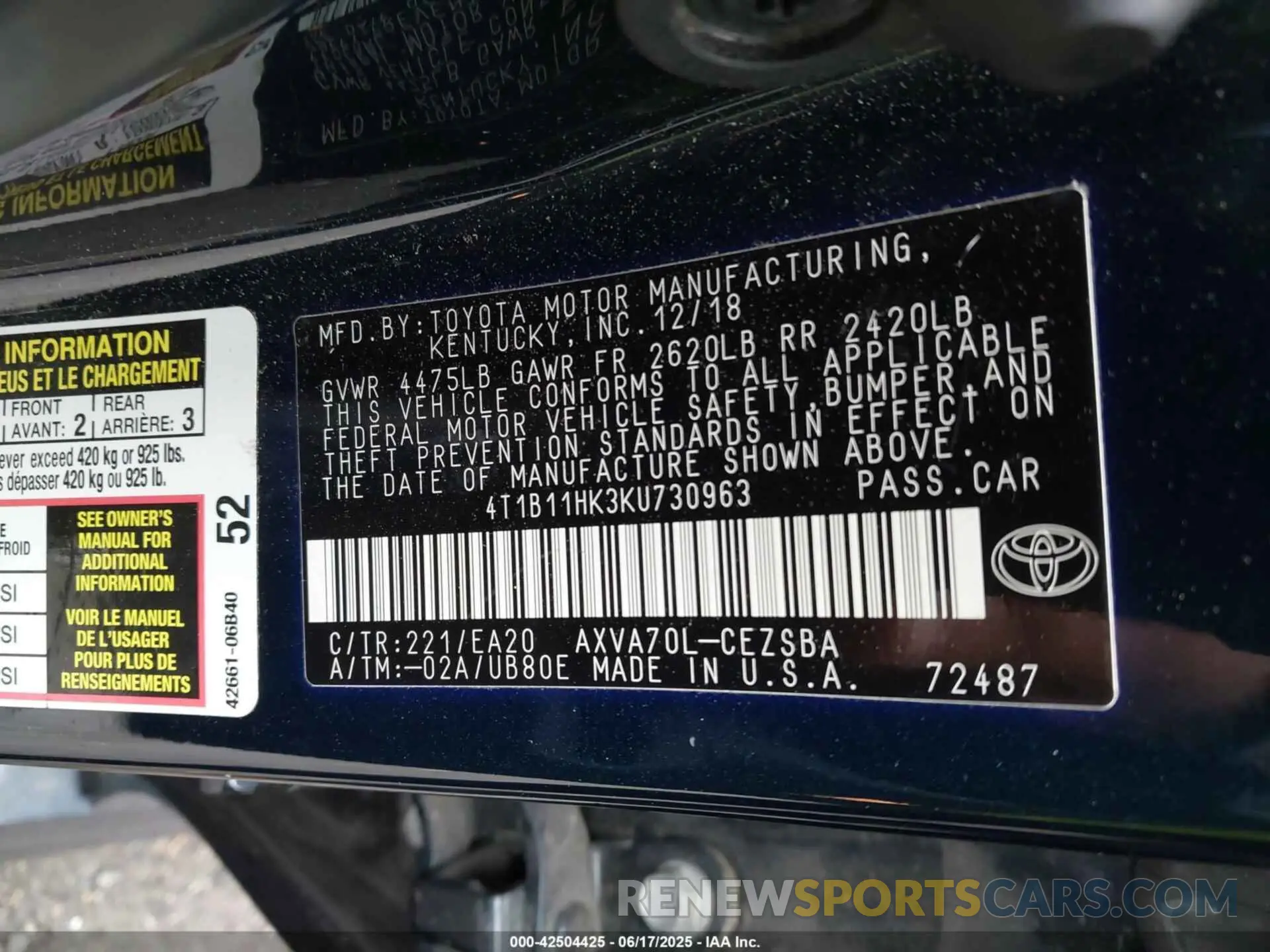 9 Photograph of a damaged car 4T1B11HK3KU730963 TOYOTA CAMRY 2019