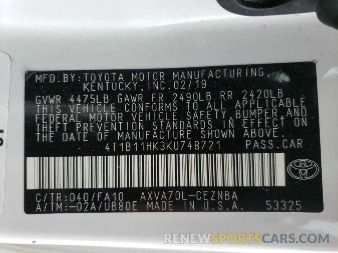 10 Photograph of a damaged car 4T1B11HK3KU748721 TOYOTA CAMRY 2019