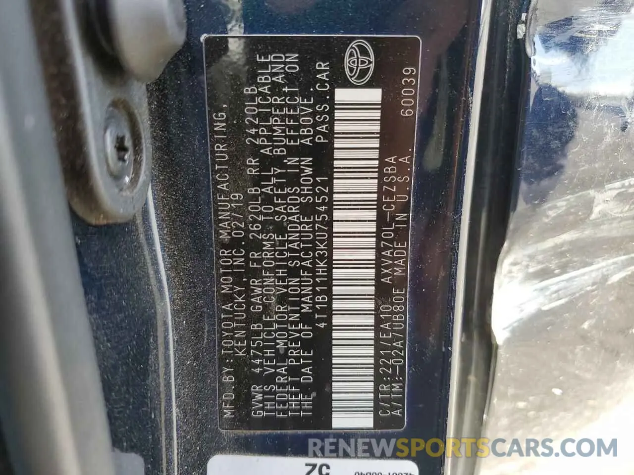13 Photograph of a damaged car 4T1B11HK3KU754521 TOYOTA CAMRY 2019