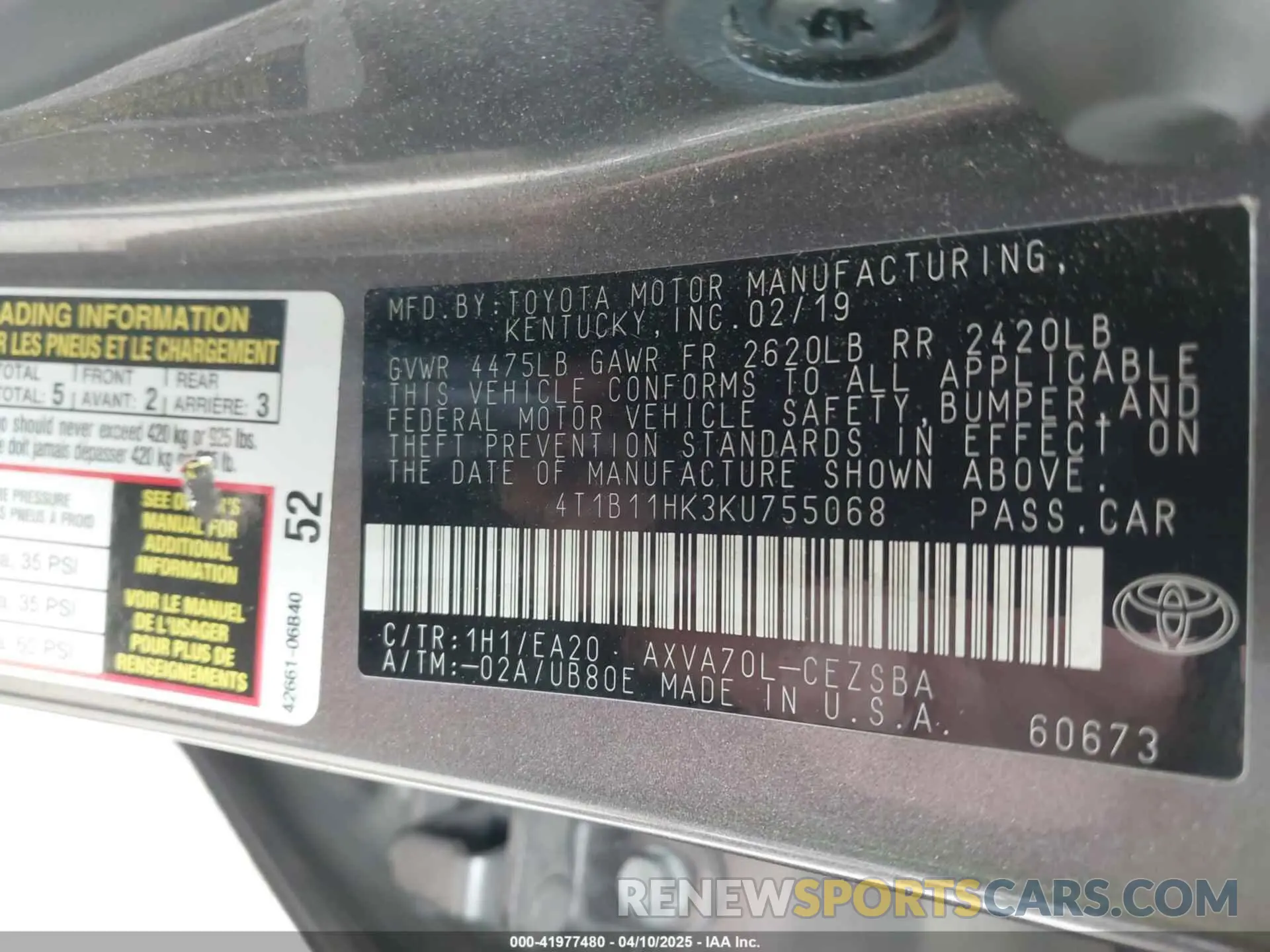 9 Photograph of a damaged car 4T1B11HK3KU755068 TOYOTA CAMRY 2019