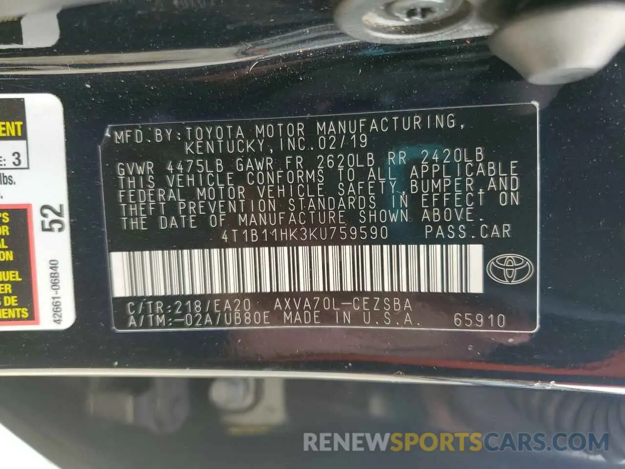 15 Photograph of a damaged car 4T1B11HK3KU759590 TOYOTA CAMRY 2019
