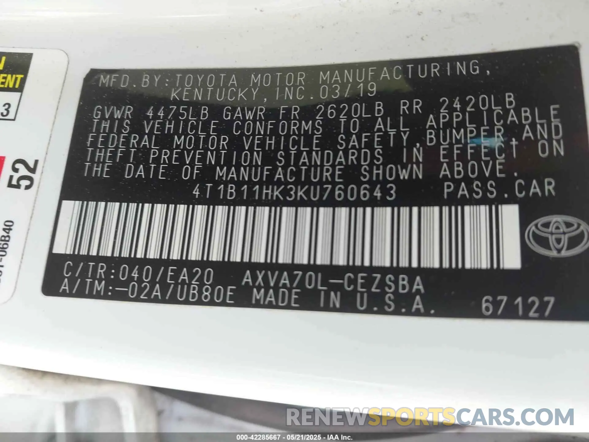 9 Photograph of a damaged car 4T1B11HK3KU760643 TOYOTA CAMRY 2019