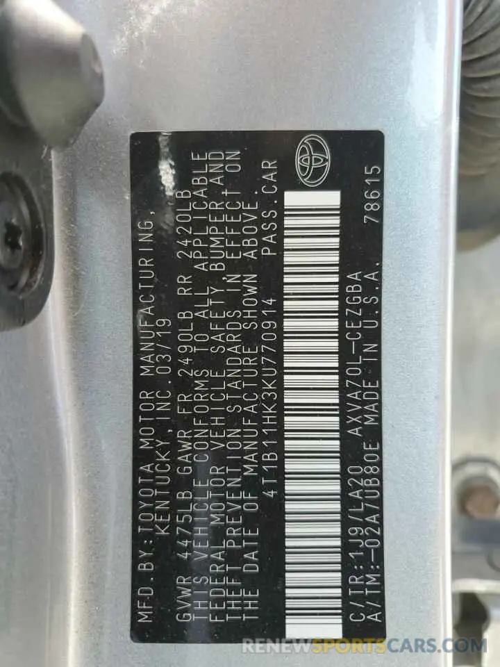 13 Photograph of a damaged car 4T1B11HK3KU770914 TOYOTA CAMRY 2019