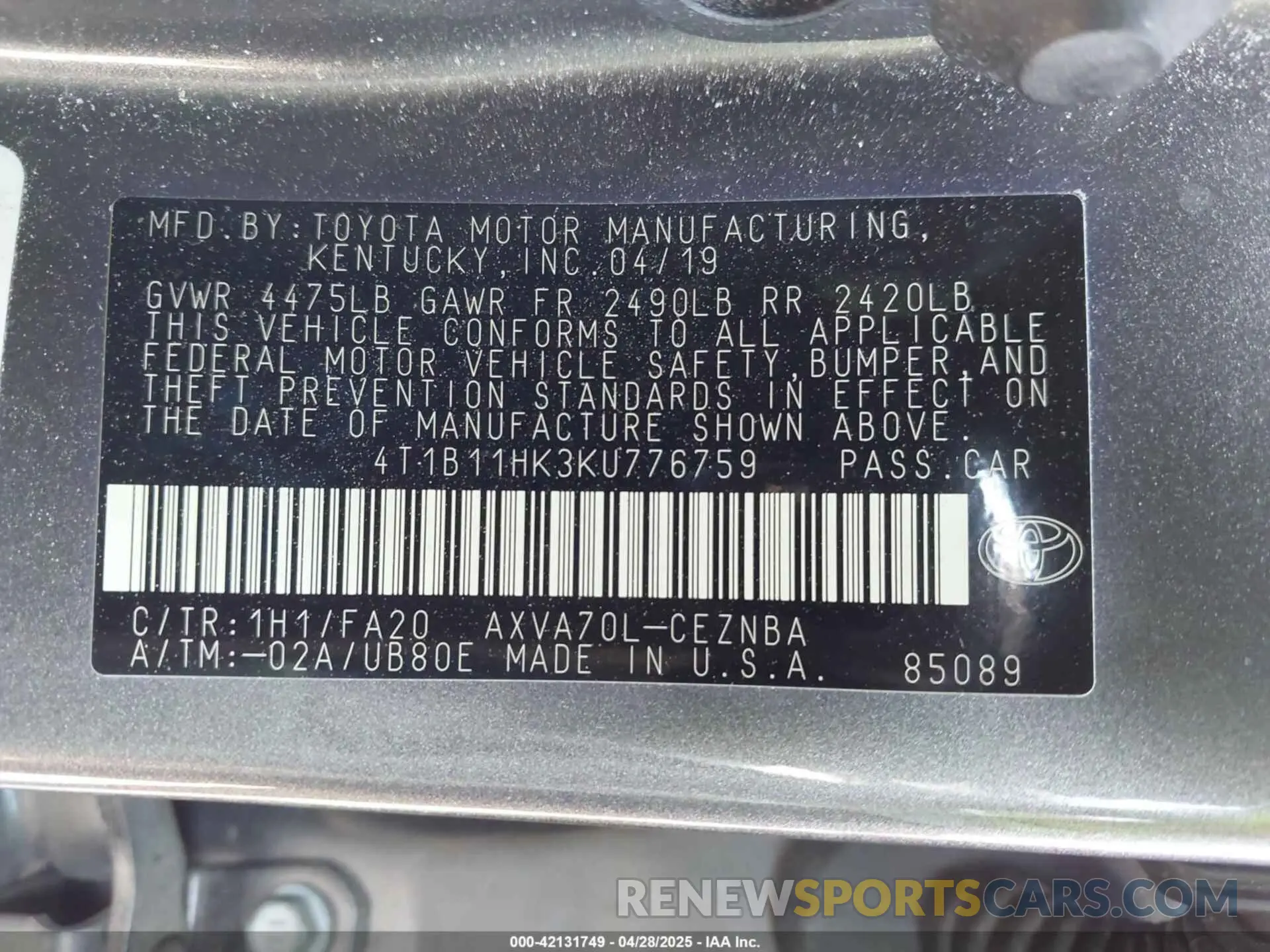 9 Photograph of a damaged car 4T1B11HK3KU776759 TOYOTA CAMRY 2019