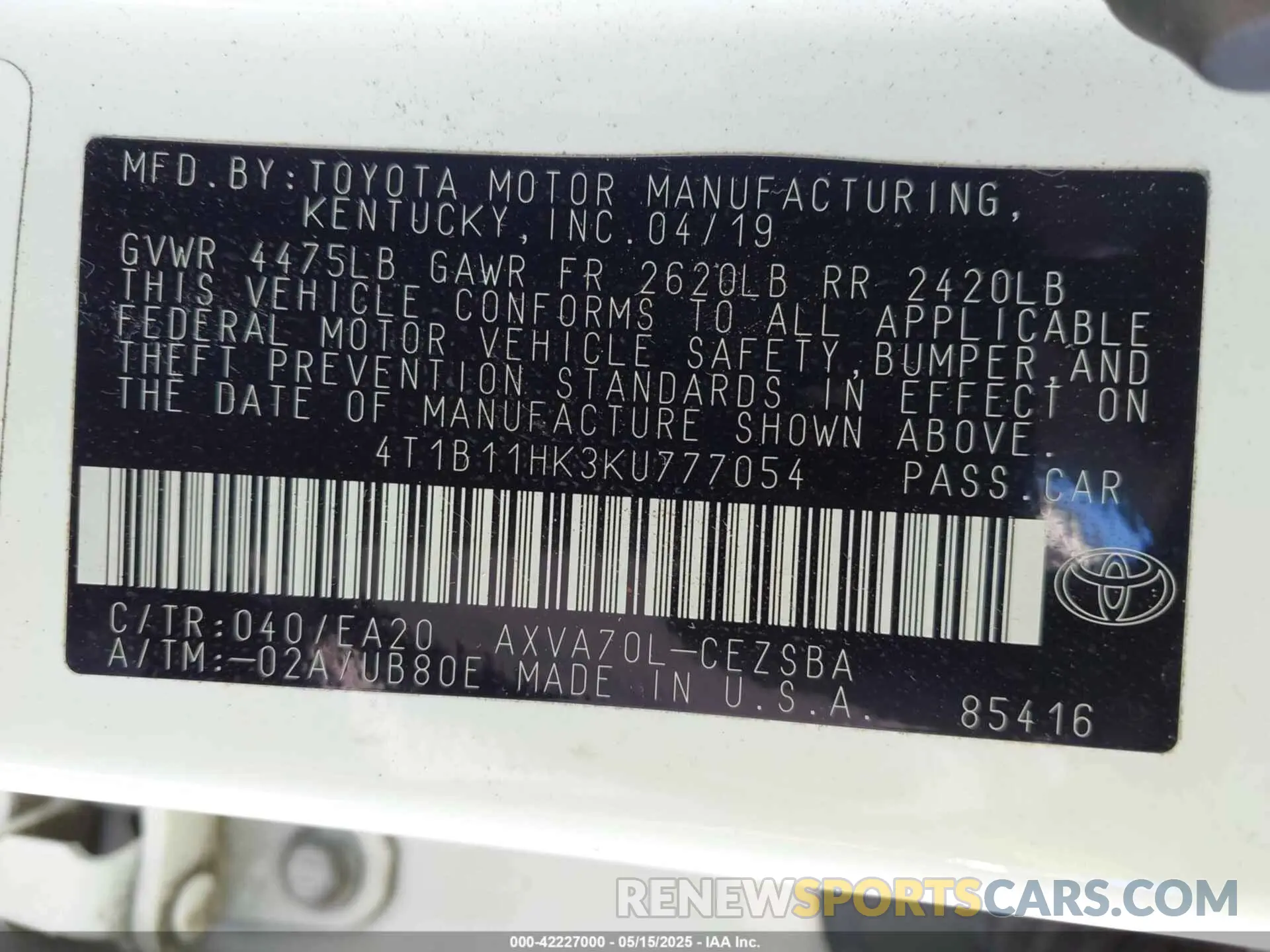 9 Photograph of a damaged car 4T1B11HK3KU777054 TOYOTA CAMRY 2019