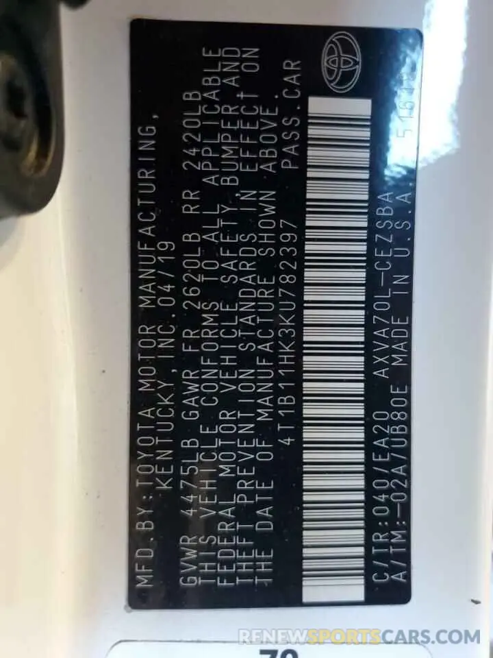 13 Photograph of a damaged car 4T1B11HK3KU782397 TOYOTA CAMRY 2019