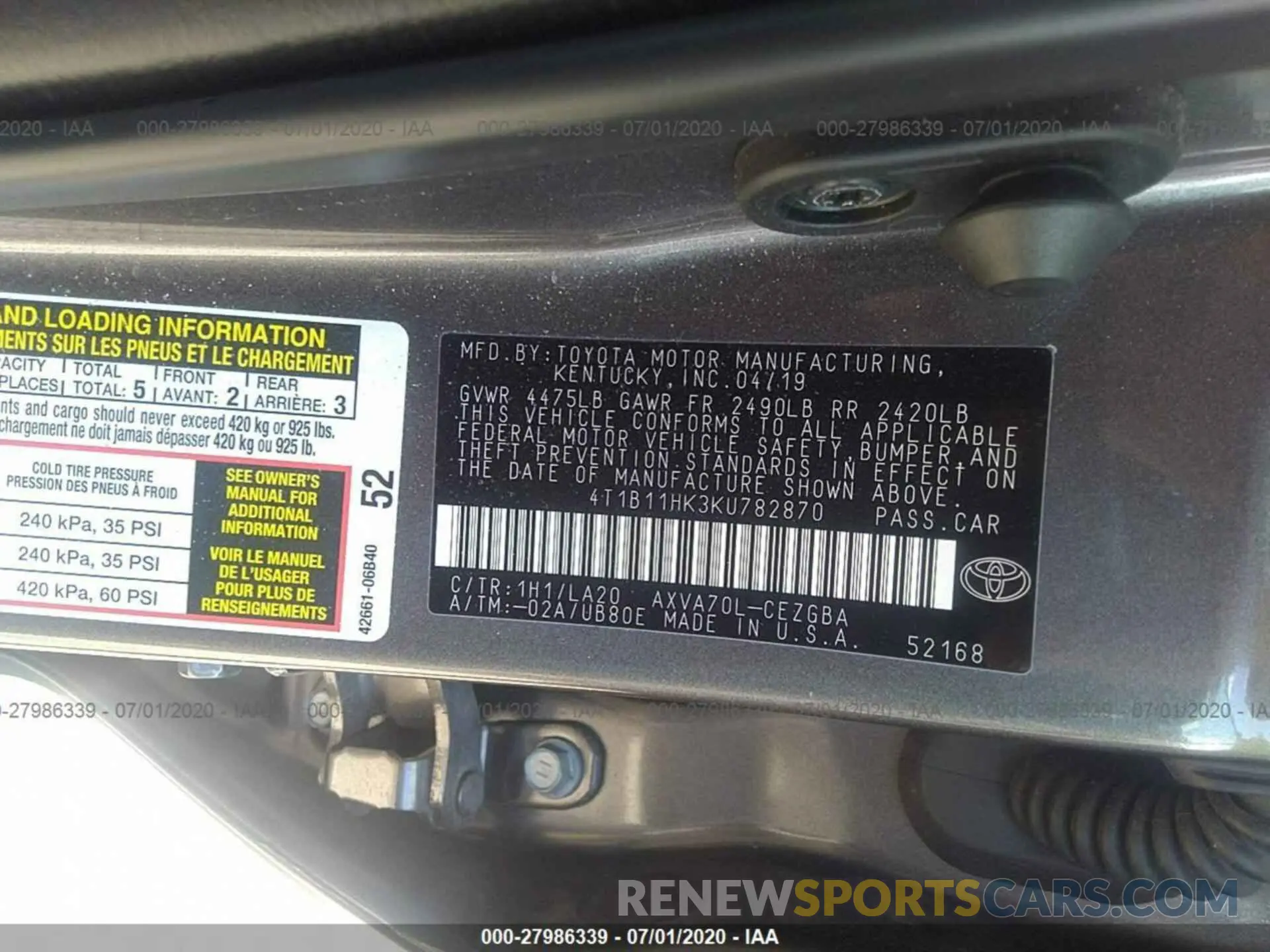 9 Photograph of a damaged car 4T1B11HK3KU782870 TOYOTA CAMRY 2019