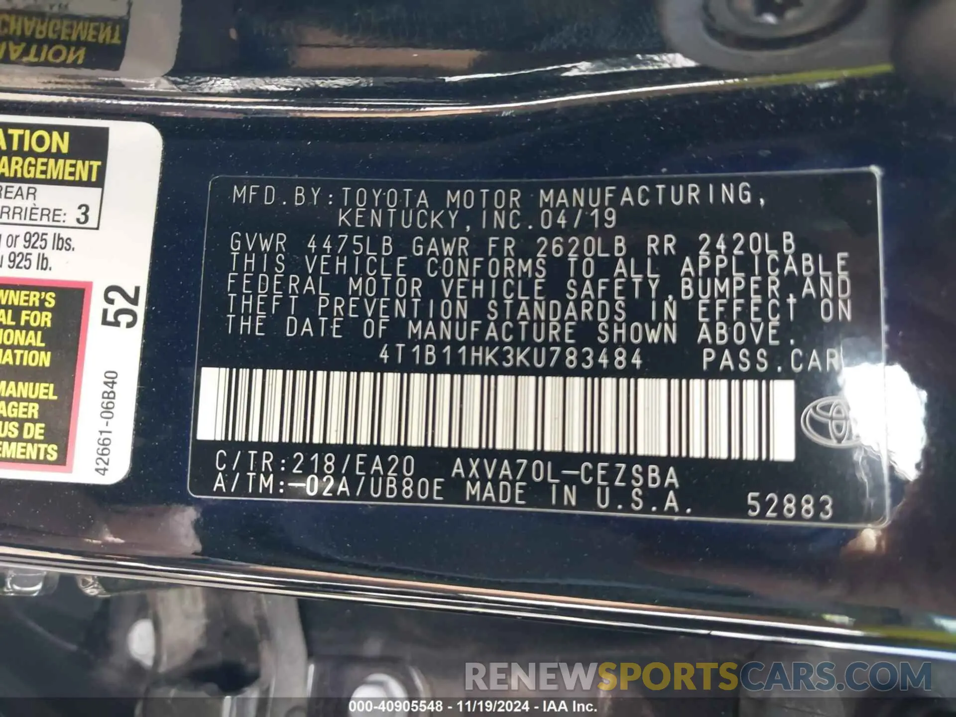 9 Photograph of a damaged car 4T1B11HK3KU783484 TOYOTA CAMRY 2019