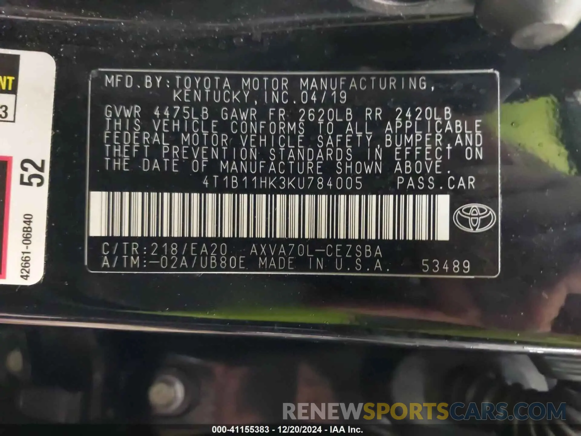 9 Photograph of a damaged car 4T1B11HK3KU784005 TOYOTA CAMRY 2019