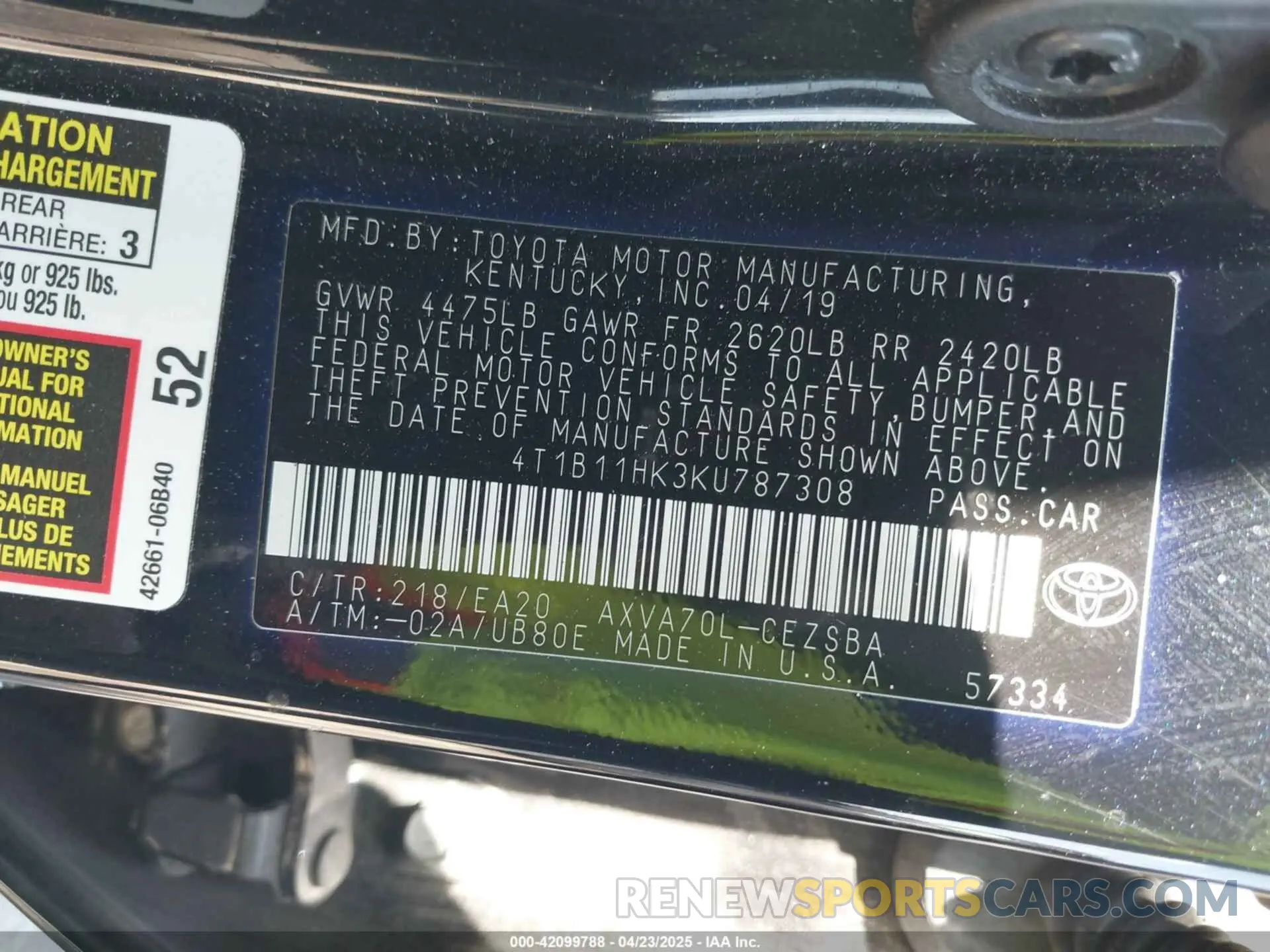 9 Photograph of a damaged car 4T1B11HK3KU787308 TOYOTA CAMRY 2019