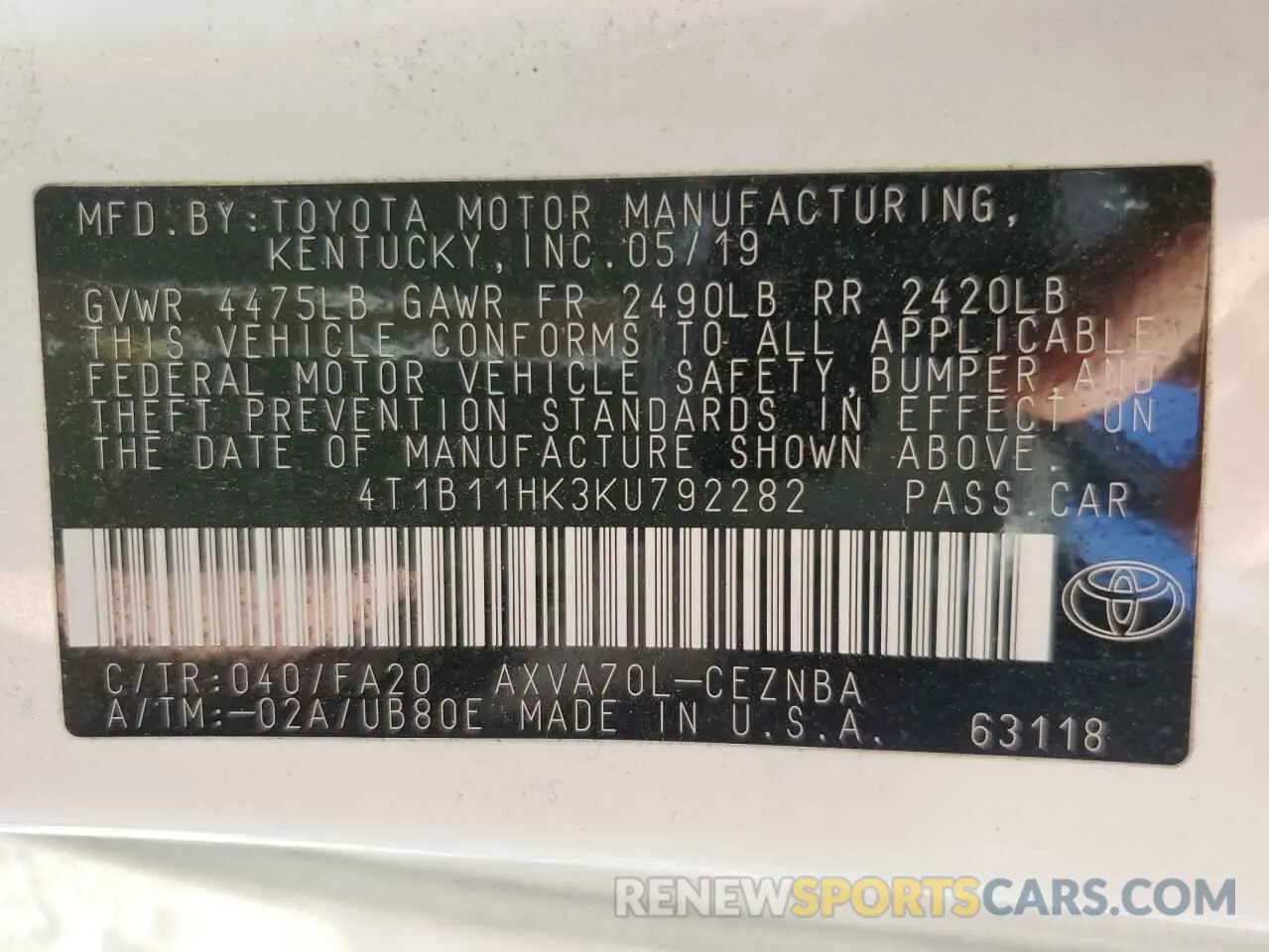 15 Photograph of a damaged car 4T1B11HK3KU792282 TOYOTA CAMRY 2019