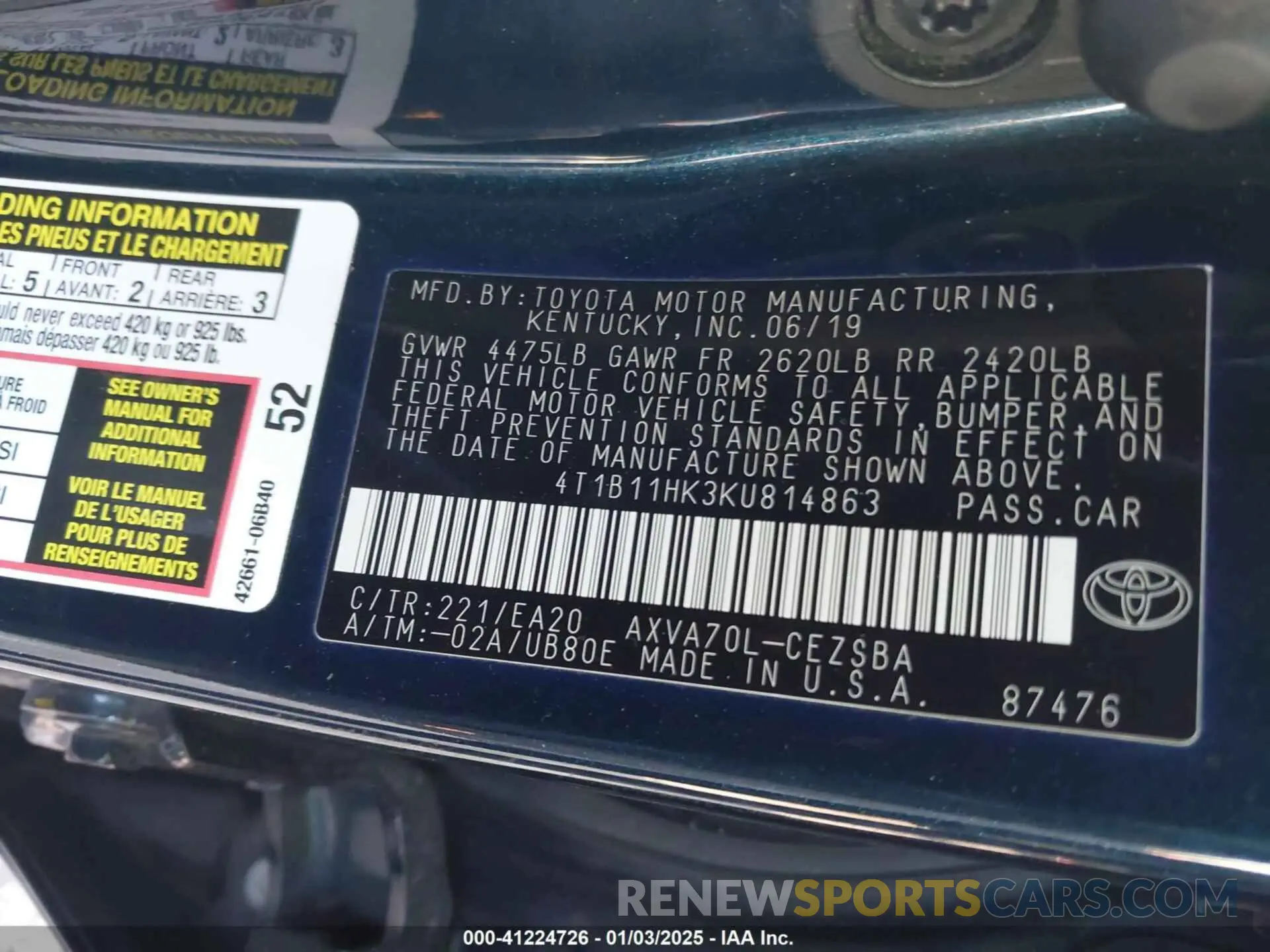 9 Photograph of a damaged car 4T1B11HK3KU814863 TOYOTA CAMRY 2019