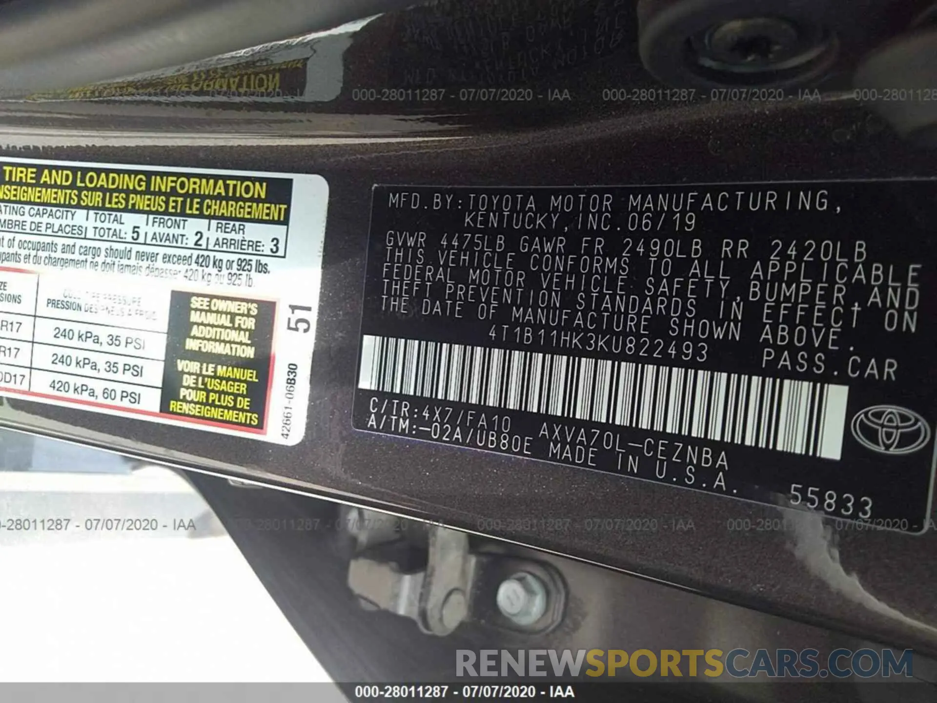 9 Photograph of a damaged car 4T1B11HK3KU822493 TOYOTA CAMRY 2019