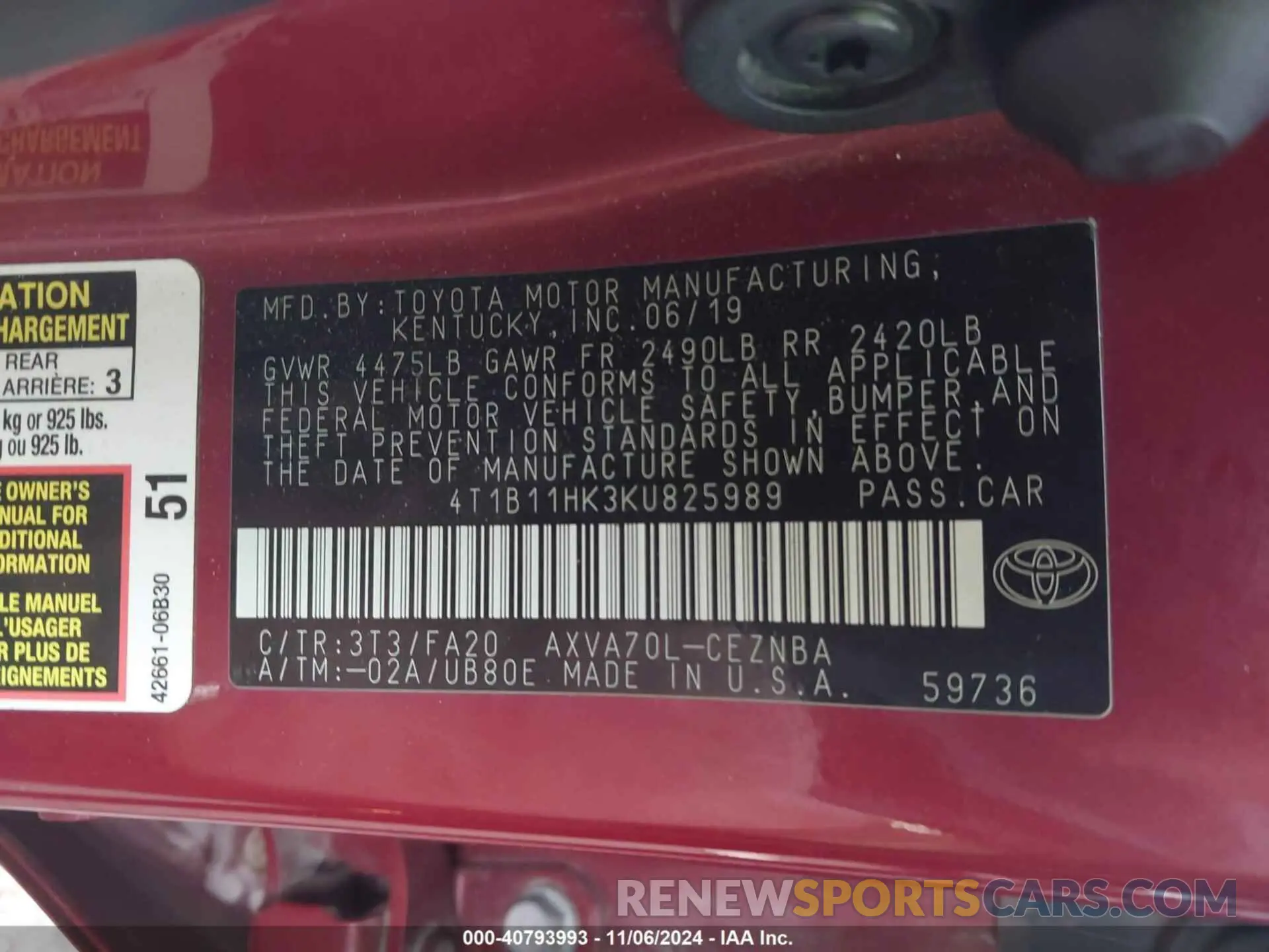 9 Photograph of a damaged car 4T1B11HK3KU825989 TOYOTA CAMRY 2019
