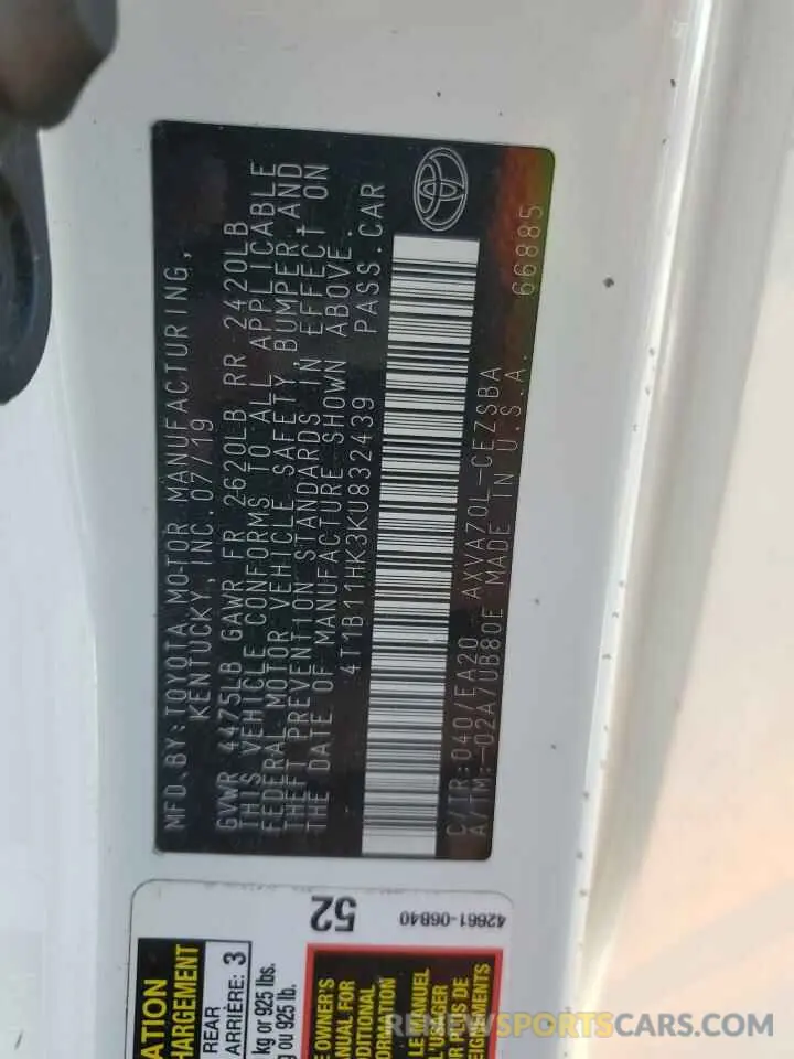 14 Photograph of a damaged car 4T1B11HK3KU832439 TOYOTA CAMRY 2019