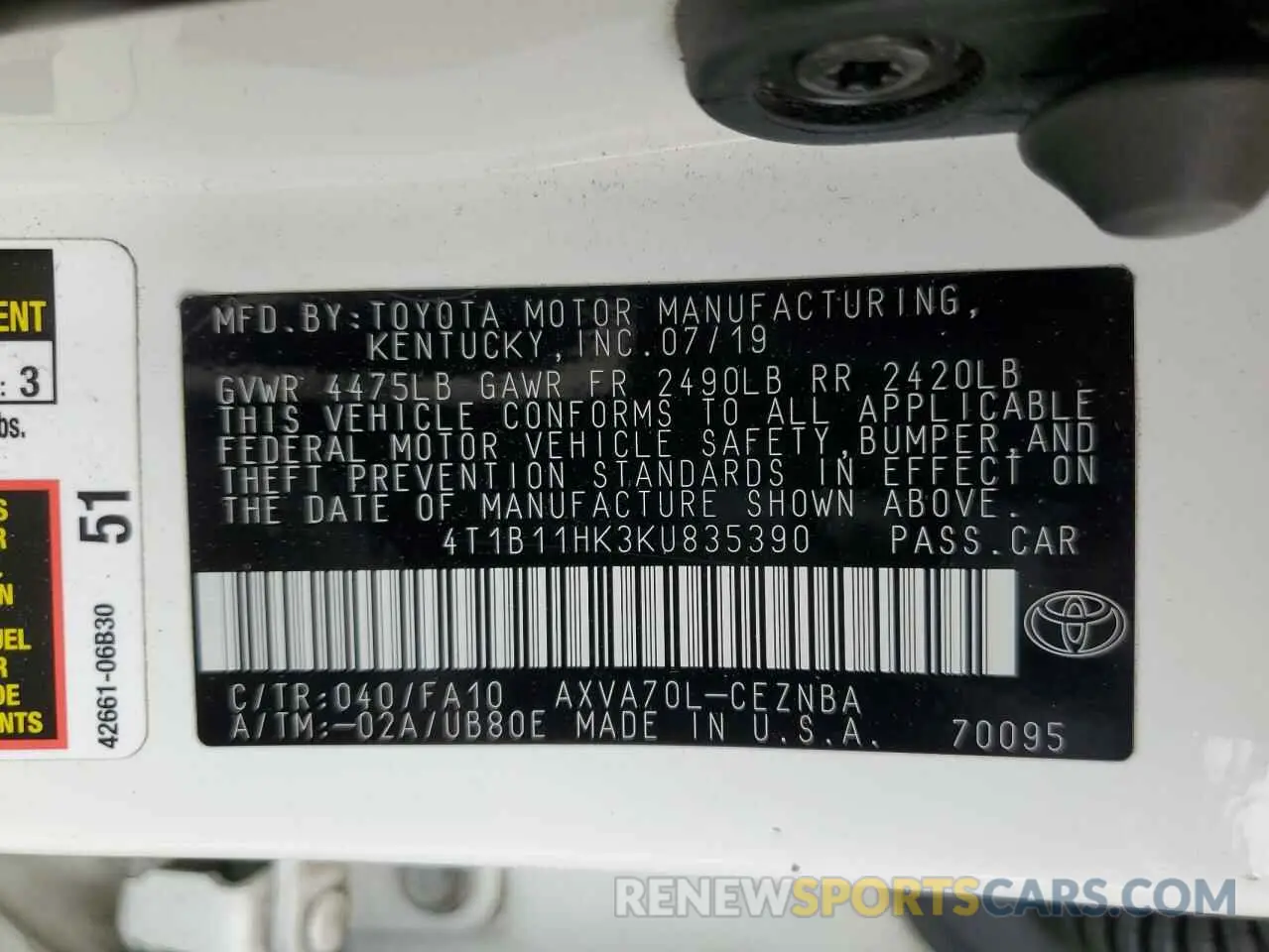 13 Photograph of a damaged car 4T1B11HK3KU835390 TOYOTA CAMRY 2019