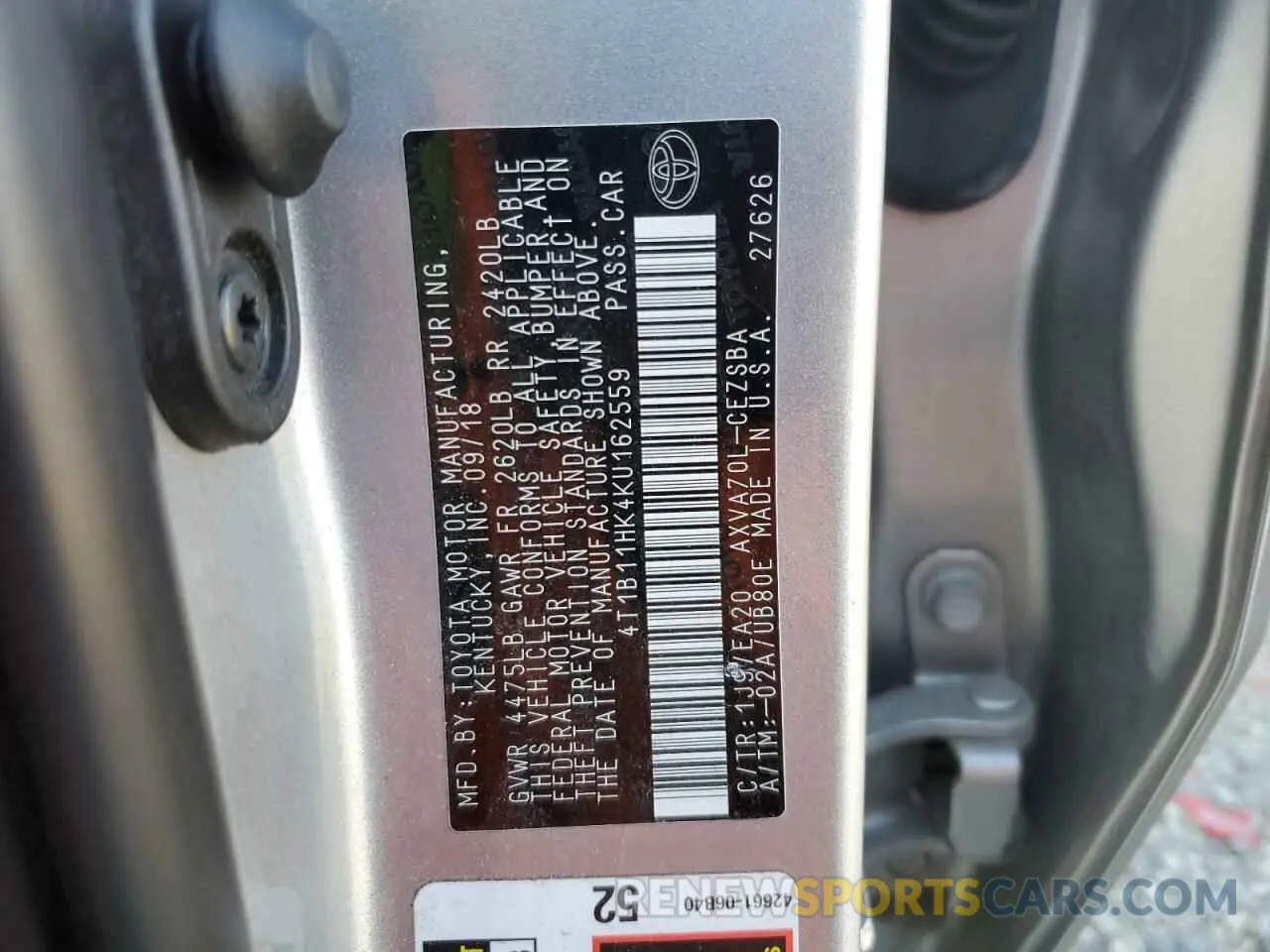 13 Photograph of a damaged car 4T1B11HK4KU162559 TOYOTA CAMRY 2019