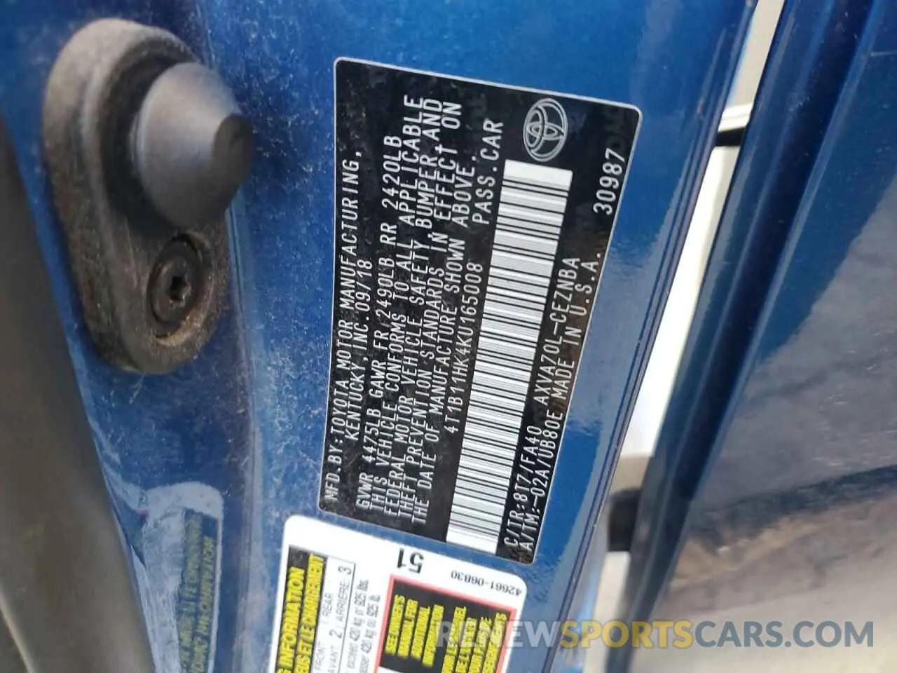 12 Photograph of a damaged car 4T1B11HK4KU165008 TOYOTA CAMRY 2019
