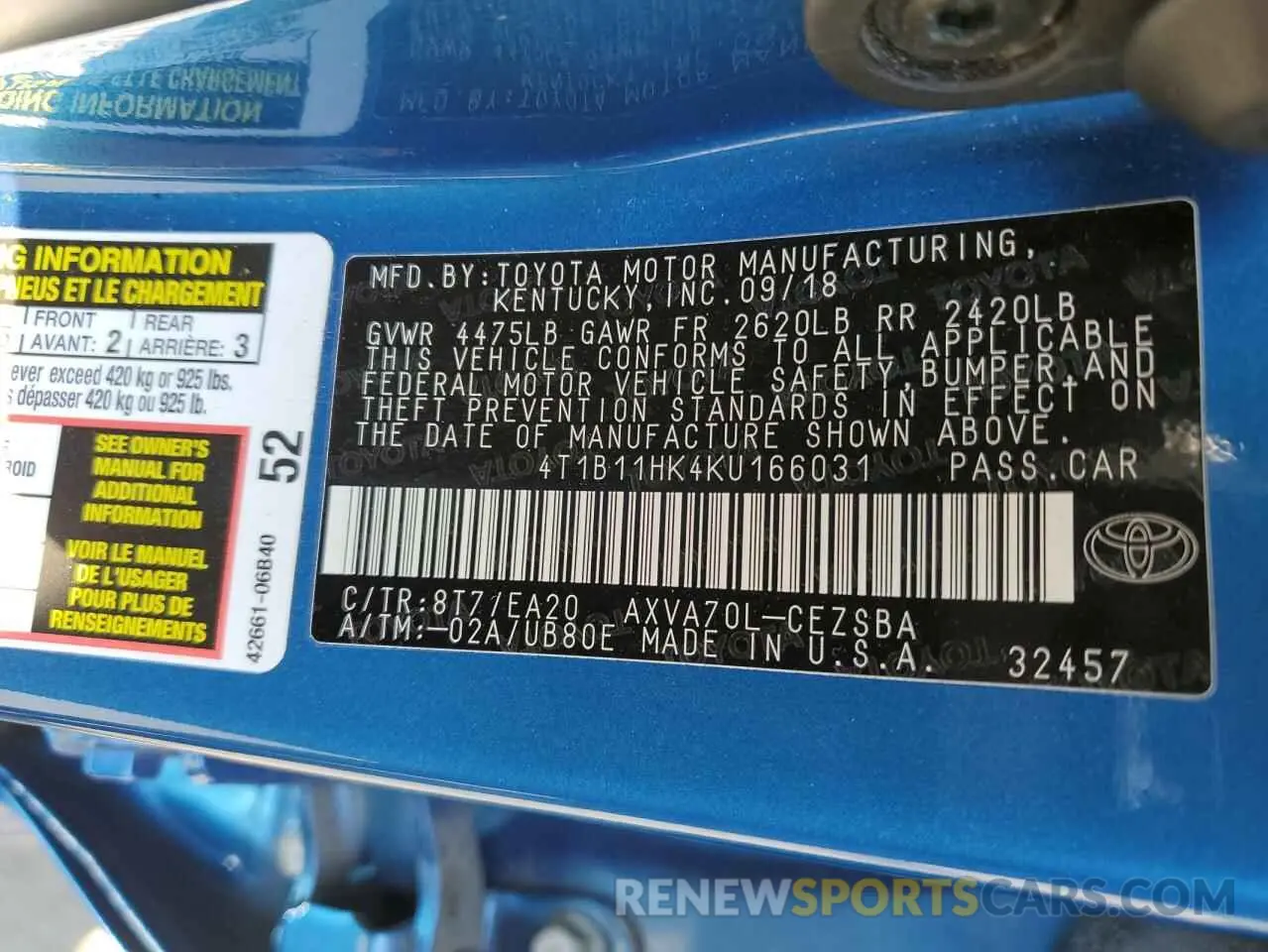 12 Photograph of a damaged car 4T1B11HK4KU166031 TOYOTA CAMRY 2019