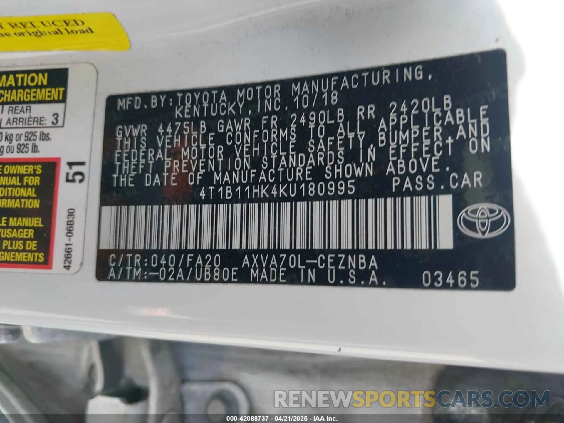 9 Photograph of a damaged car 4T1B11HK4KU180995 TOYOTA CAMRY 2019