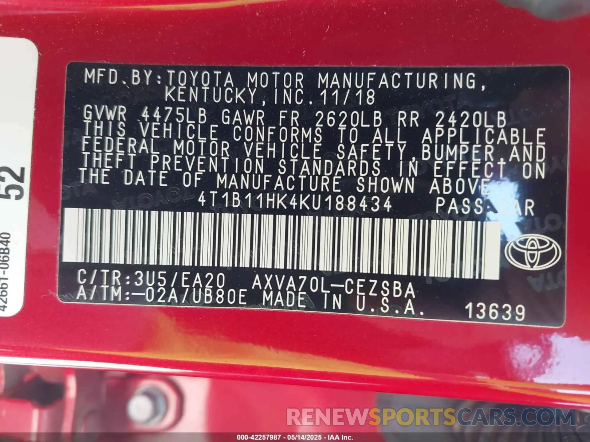 9 Photograph of a damaged car 4T1B11HK4KU188434 TOYOTA CAMRY 2019