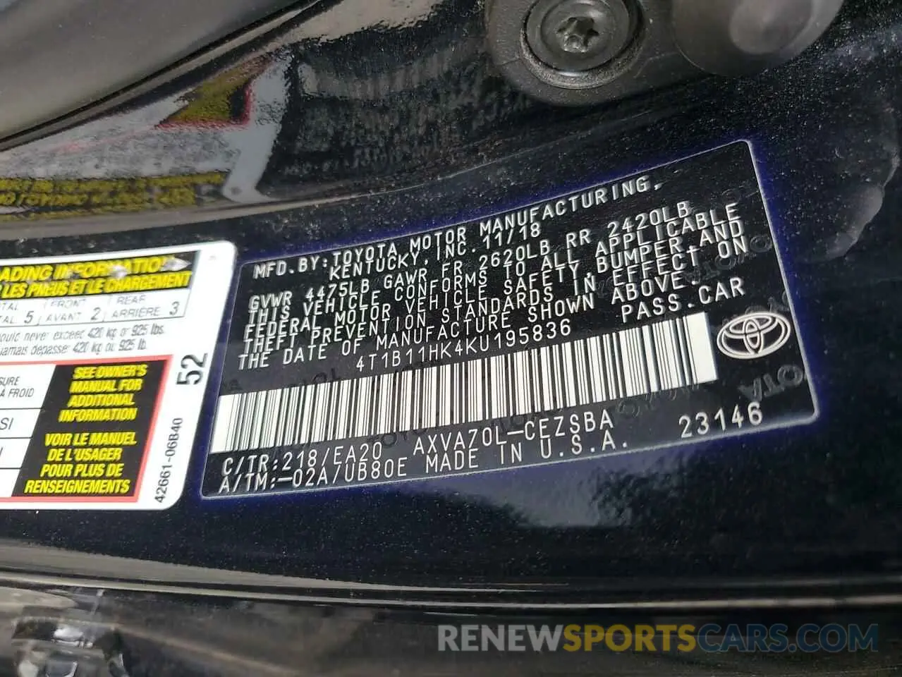 12 Photograph of a damaged car 4T1B11HK4KU195836 TOYOTA CAMRY 2019