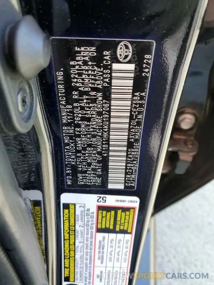 13 Photograph of a damaged car 4T1B11HK4KU197067 TOYOTA CAMRY 2019