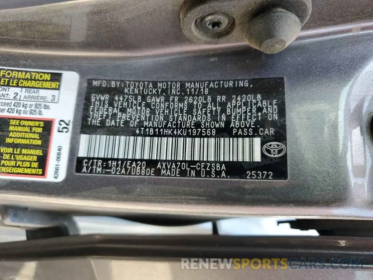 13 Photograph of a damaged car 4T1B11HK4KU197568 TOYOTA CAMRY 2019