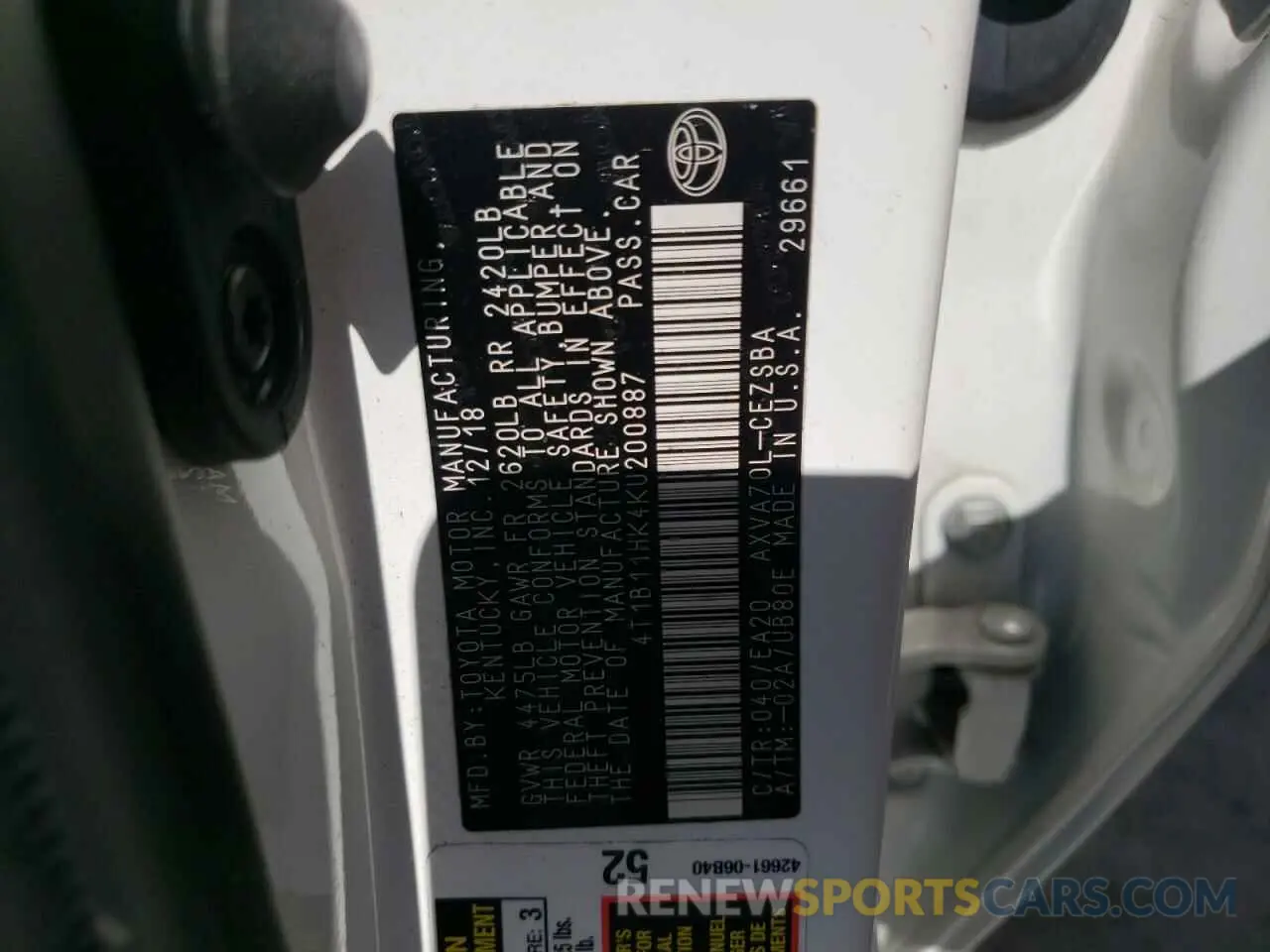 10 Photograph of a damaged car 4T1B11HK4KU200887 TOYOTA CAMRY 2019
