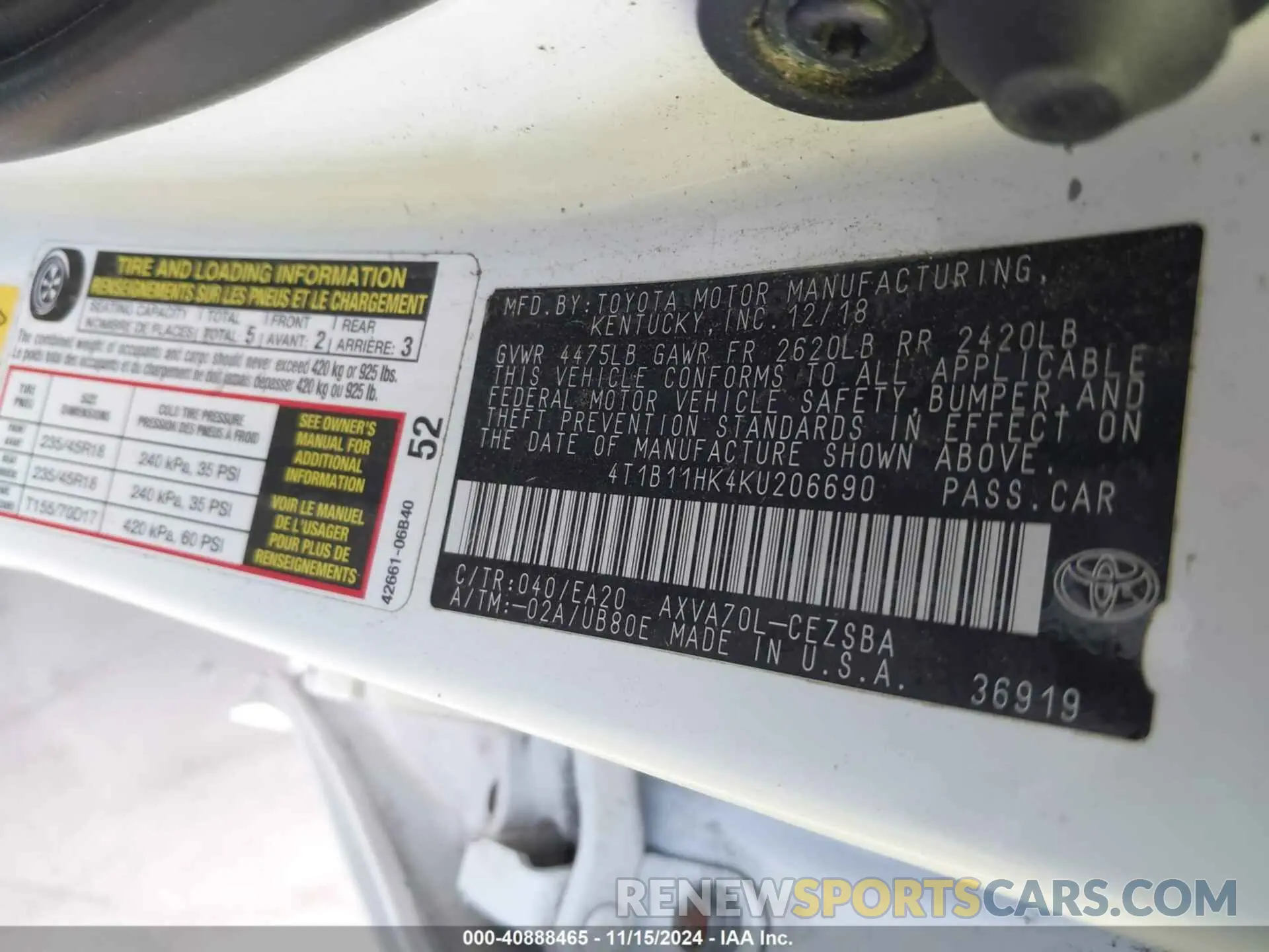 9 Photograph of a damaged car 4T1B11HK4KU206690 TOYOTA CAMRY 2019