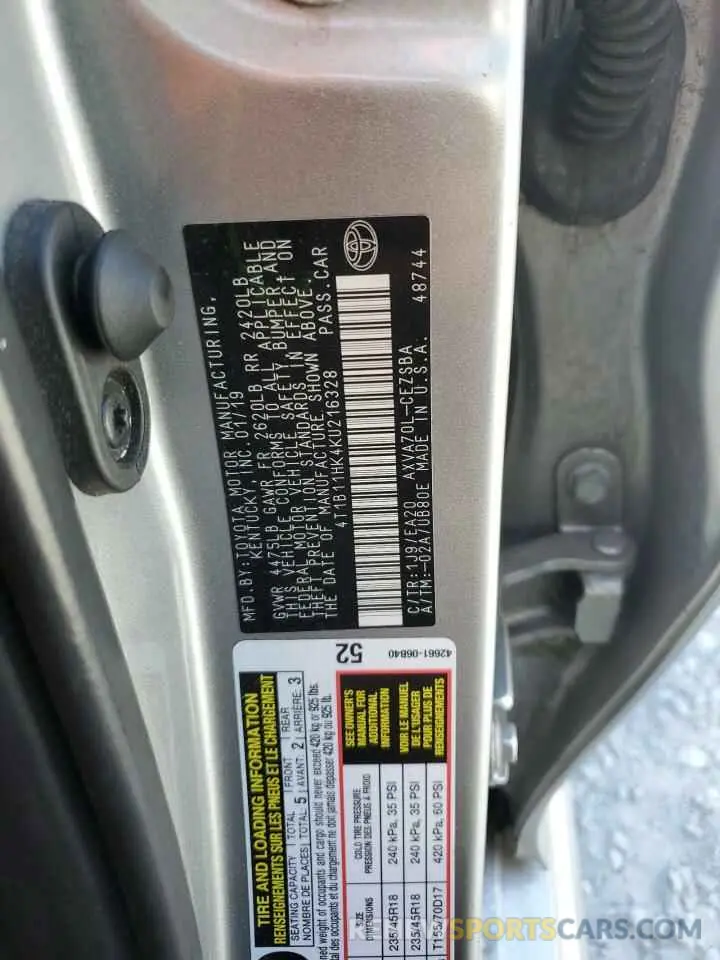 12 Photograph of a damaged car 4T1B11HK4KU216328 TOYOTA CAMRY 2019