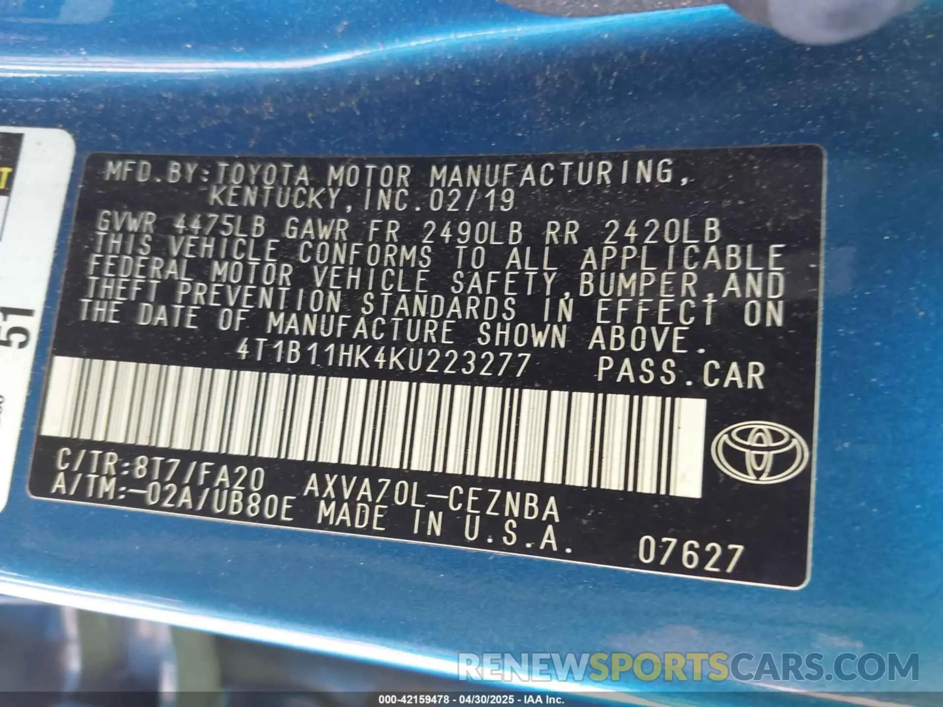 9 Photograph of a damaged car 4T1B11HK4KU223277 TOYOTA CAMRY 2019